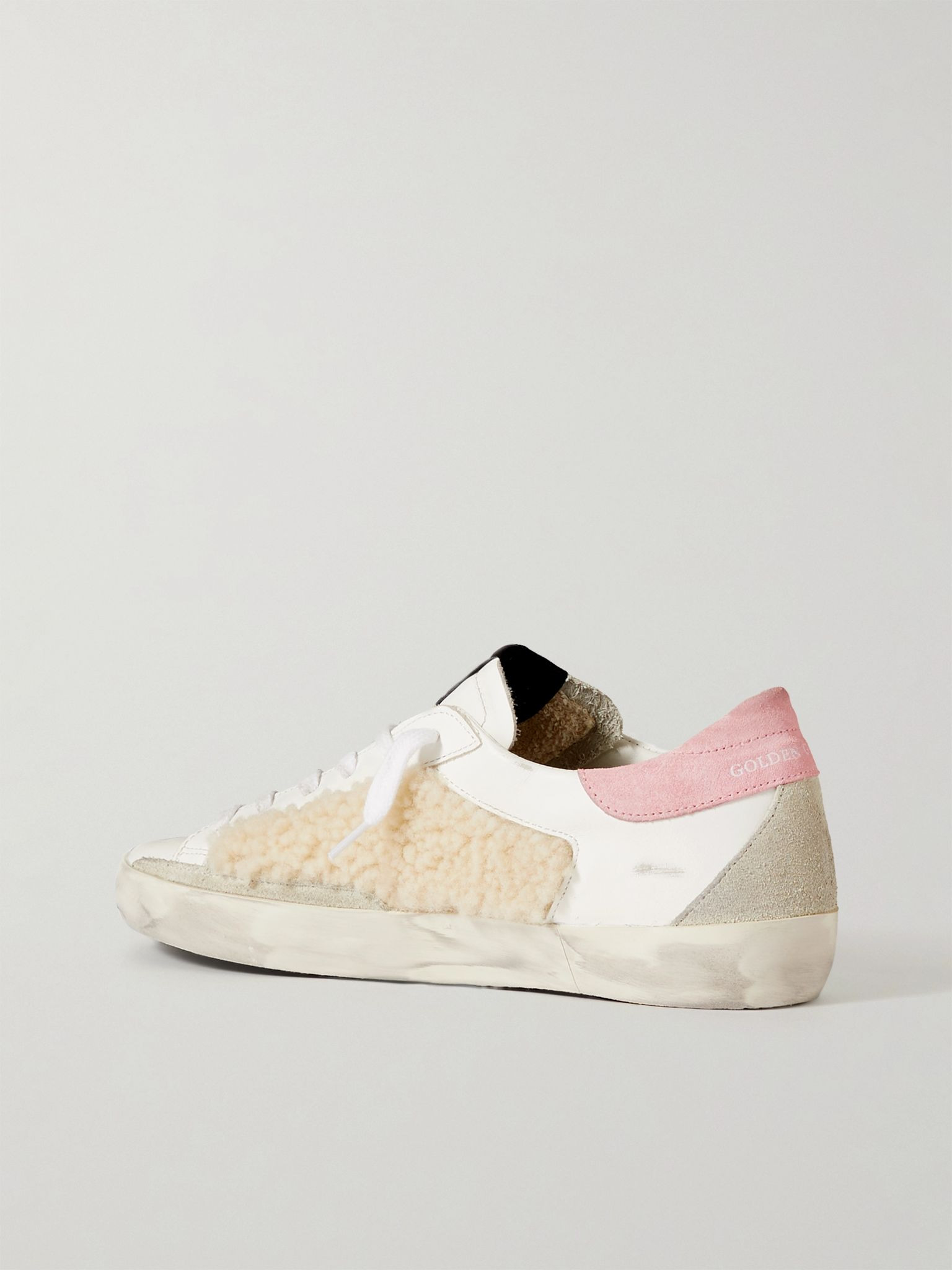 Superstar shearling-trimmed distressed leather and suede sneakers White - 3