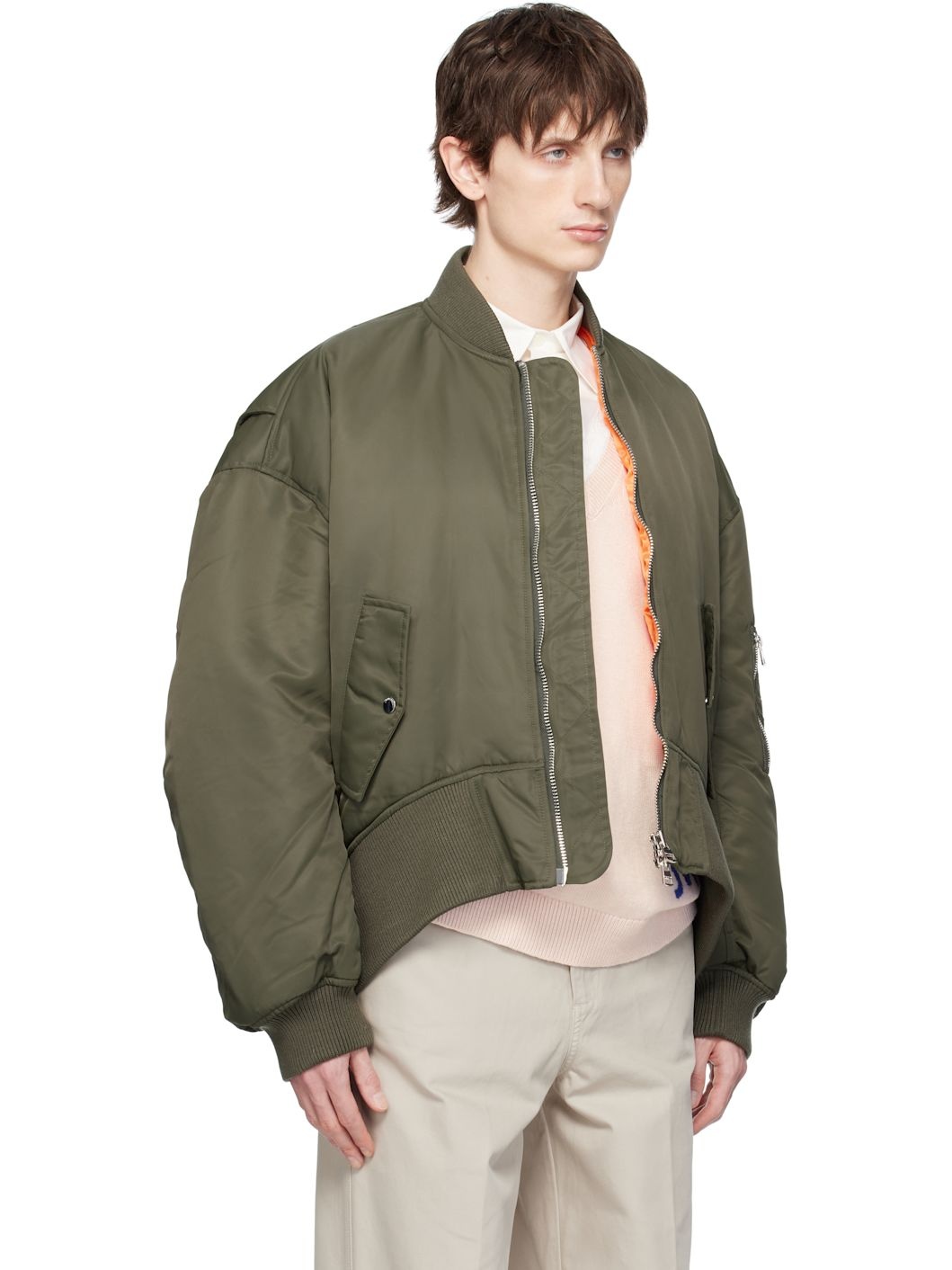 Green Curved Hem Oversized Bomber Jacket - 2