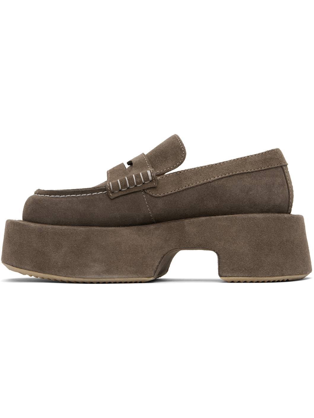 Taupe Suede Platform Slip-on Loafers - 3