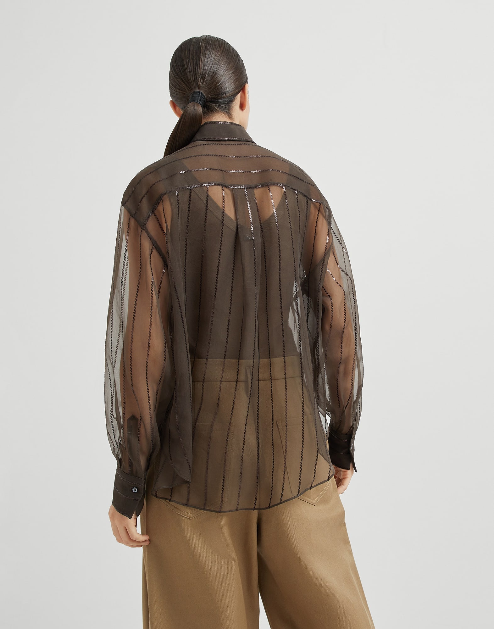 Crispy silk shirt with dazzling chalk stripe embroidery - 2