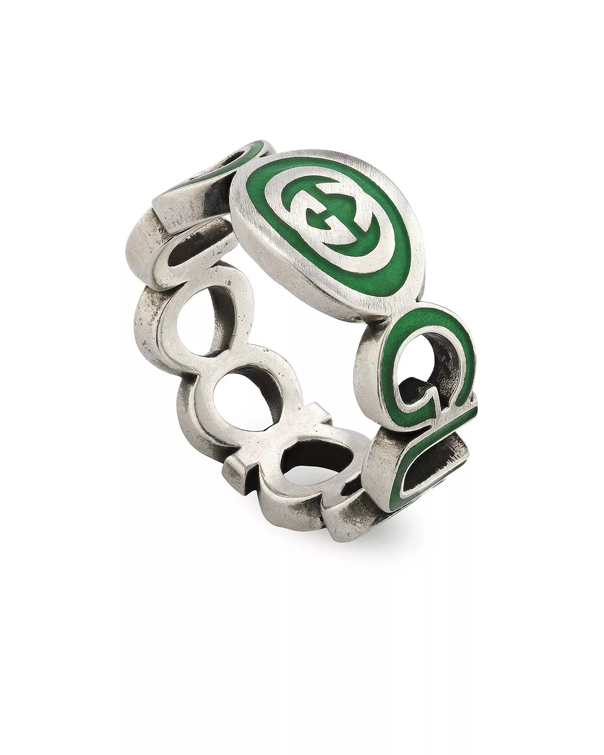 Sterling Silver Interlocked G Green Enamel Logo Ring - 1