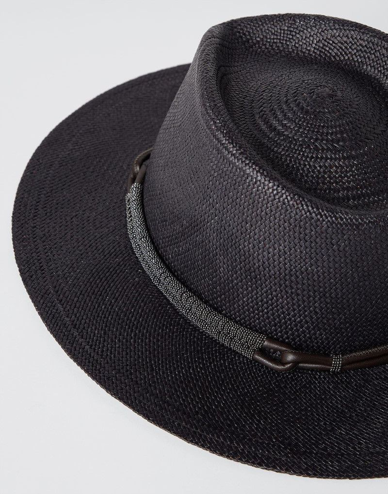 Brunello Cucinelli Straw fedora with leather and monili band outlook