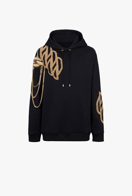 Black cotton sweatshirt with embroidered gold Balmain Paris logo - 1