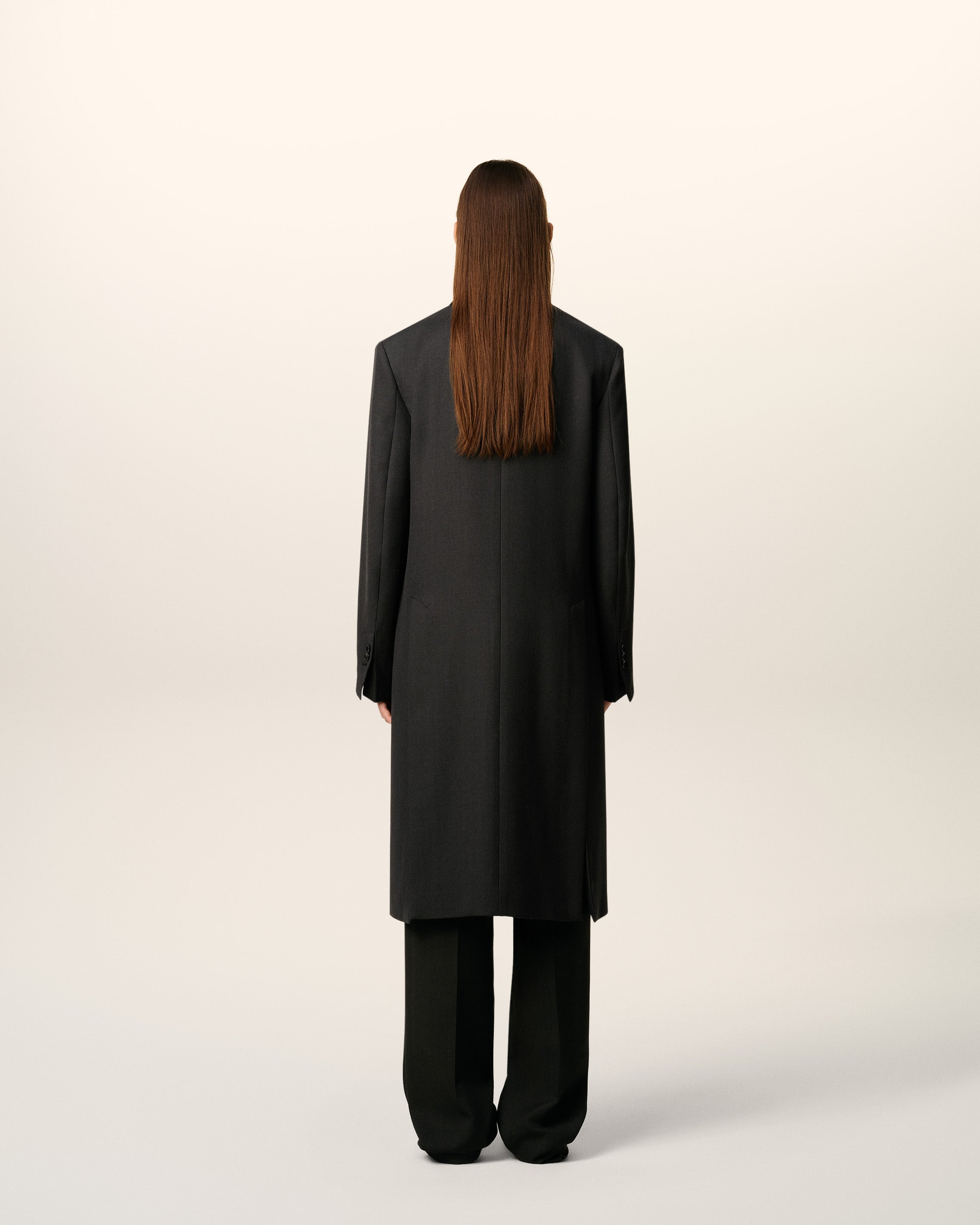 BLACK WOOL SINGLE BREASTED STRAIGHT COAT - 5