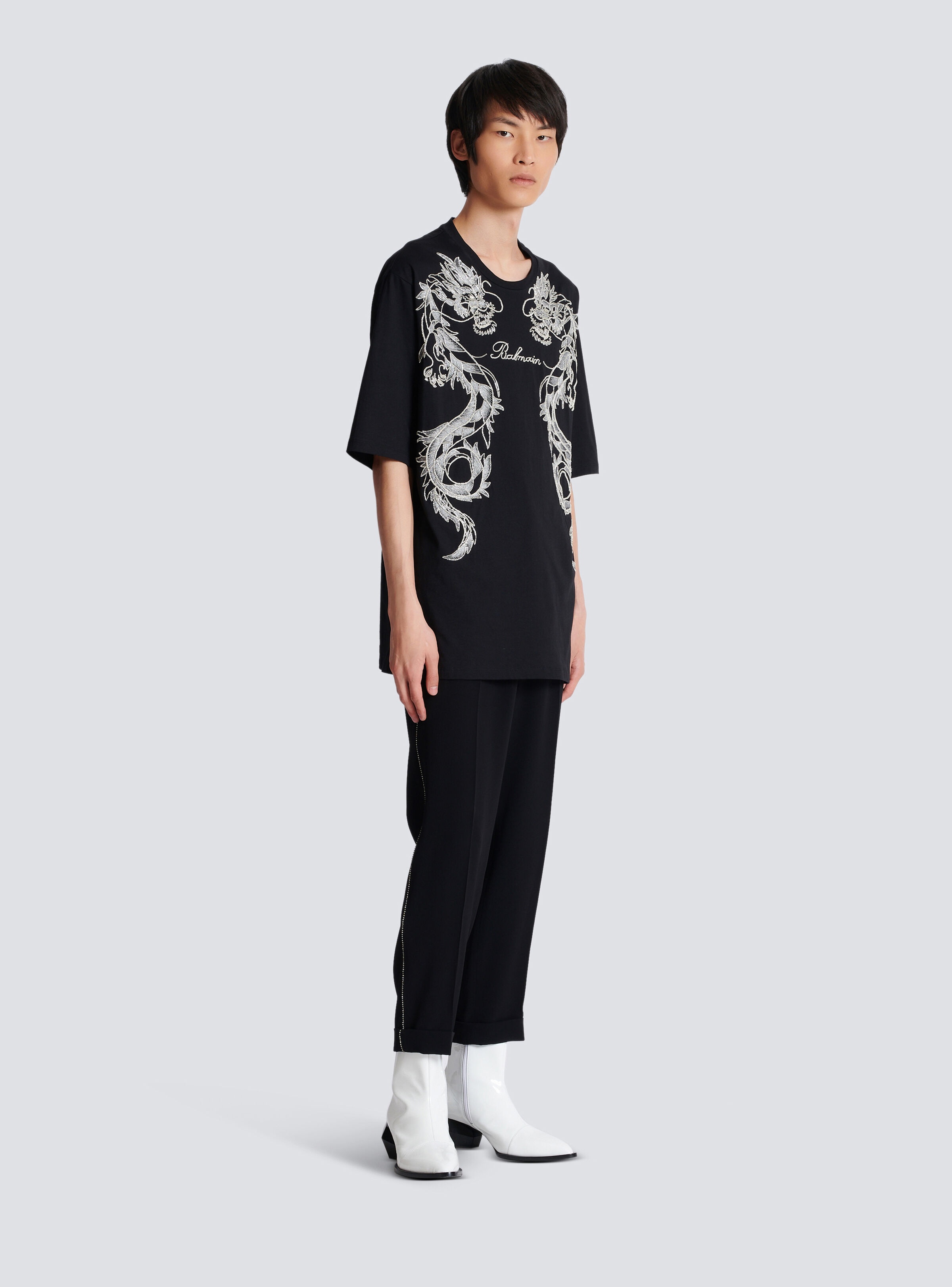 珍！Balmain 龍 ビーズとラインストーン刺繍 ドラゴンTシャツ Balmain Embroidered Dragon T-shirt with rhinestones | REVERSIBLE