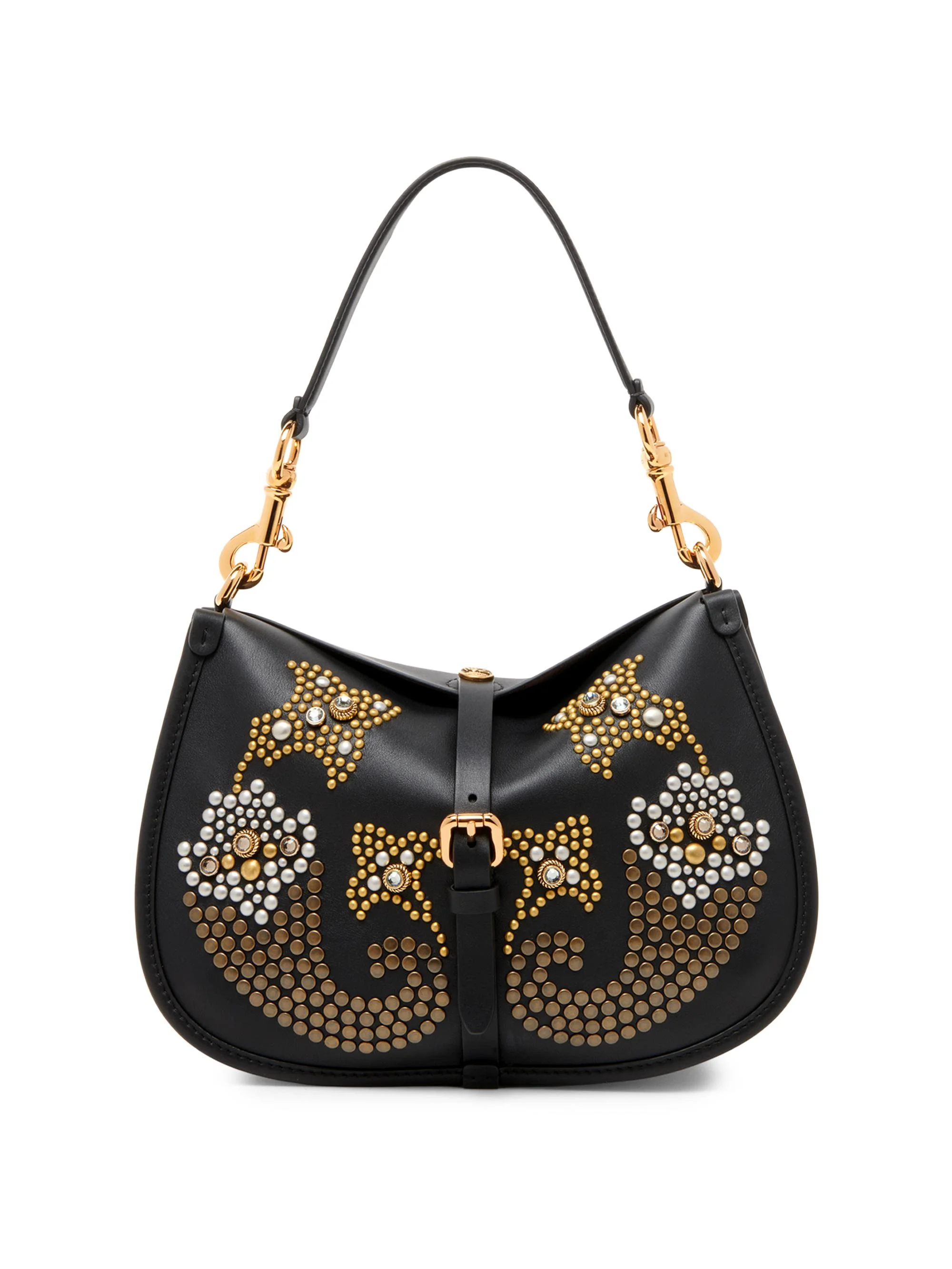 Women's Medium Pony Studded Leather Shoulder Bag - Black - 1