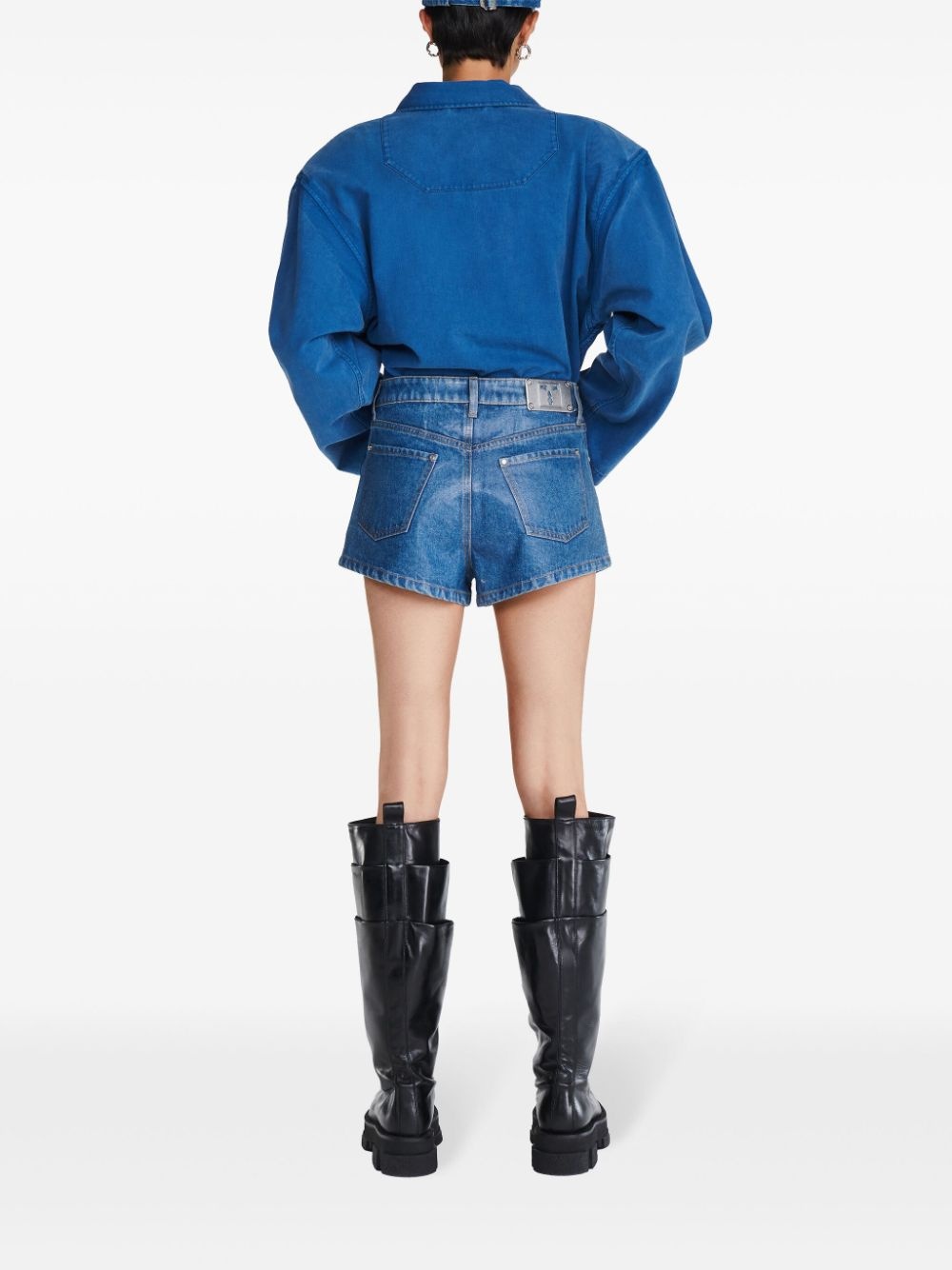 laminated darted denim shorts - 4