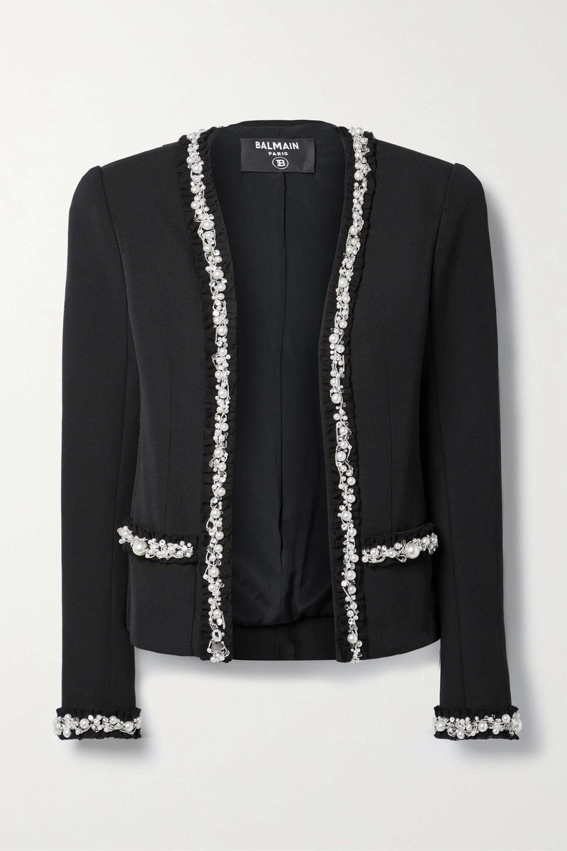 Embellished tulle-trimmed wool and cotton blazer 1