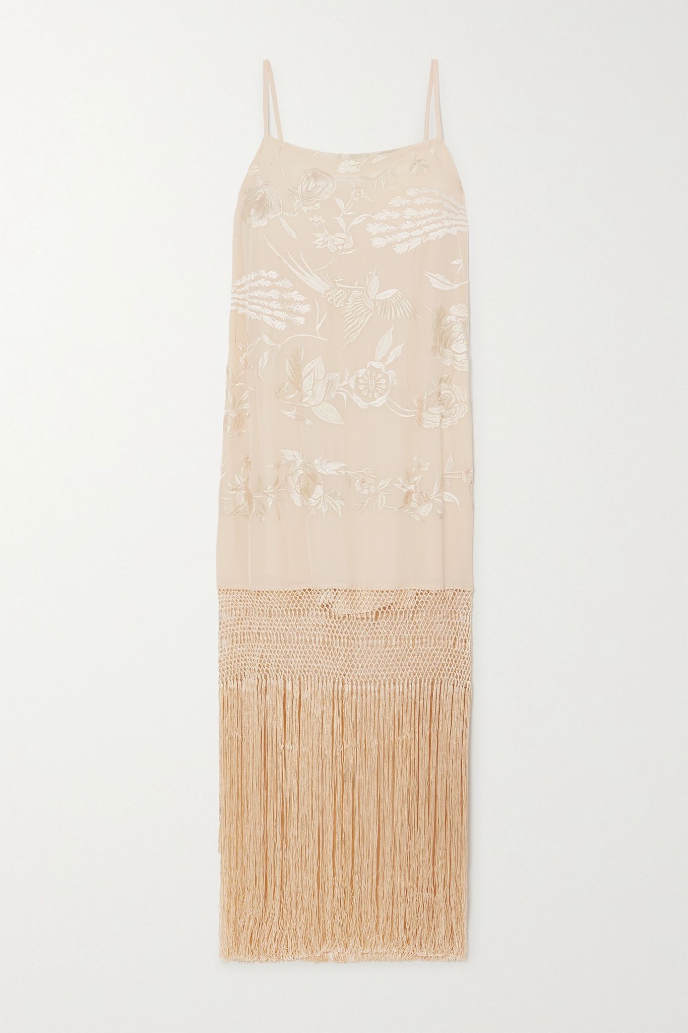 Palm Gold fringed embroidered silk crepe de chine maxi dress - 1