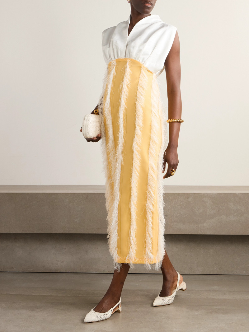 DESTREE Paz Faux Feather-trimmed Pleated Cotton-blend Twill Midi Dress outlook