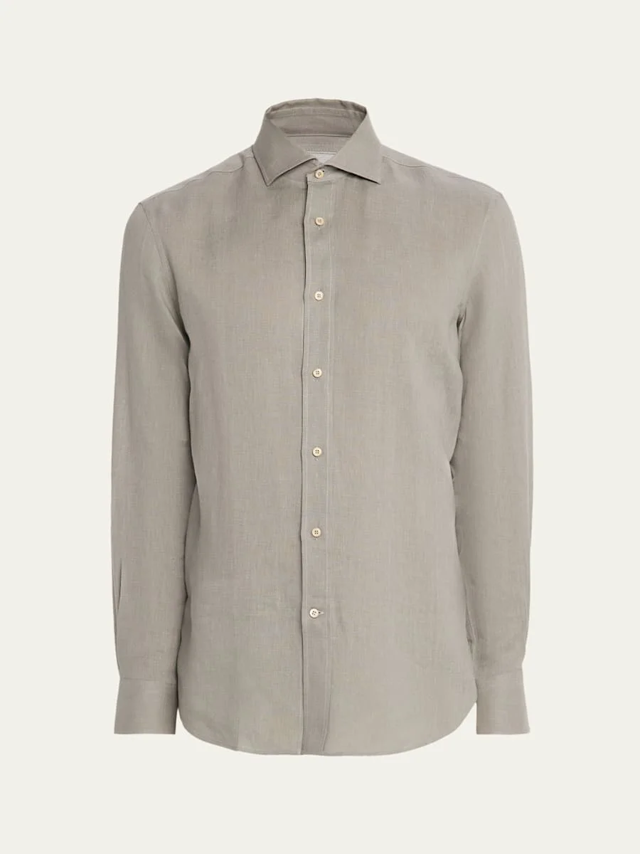 Men's Linen and Cotton Band Collar Button-Down Shirt - 1