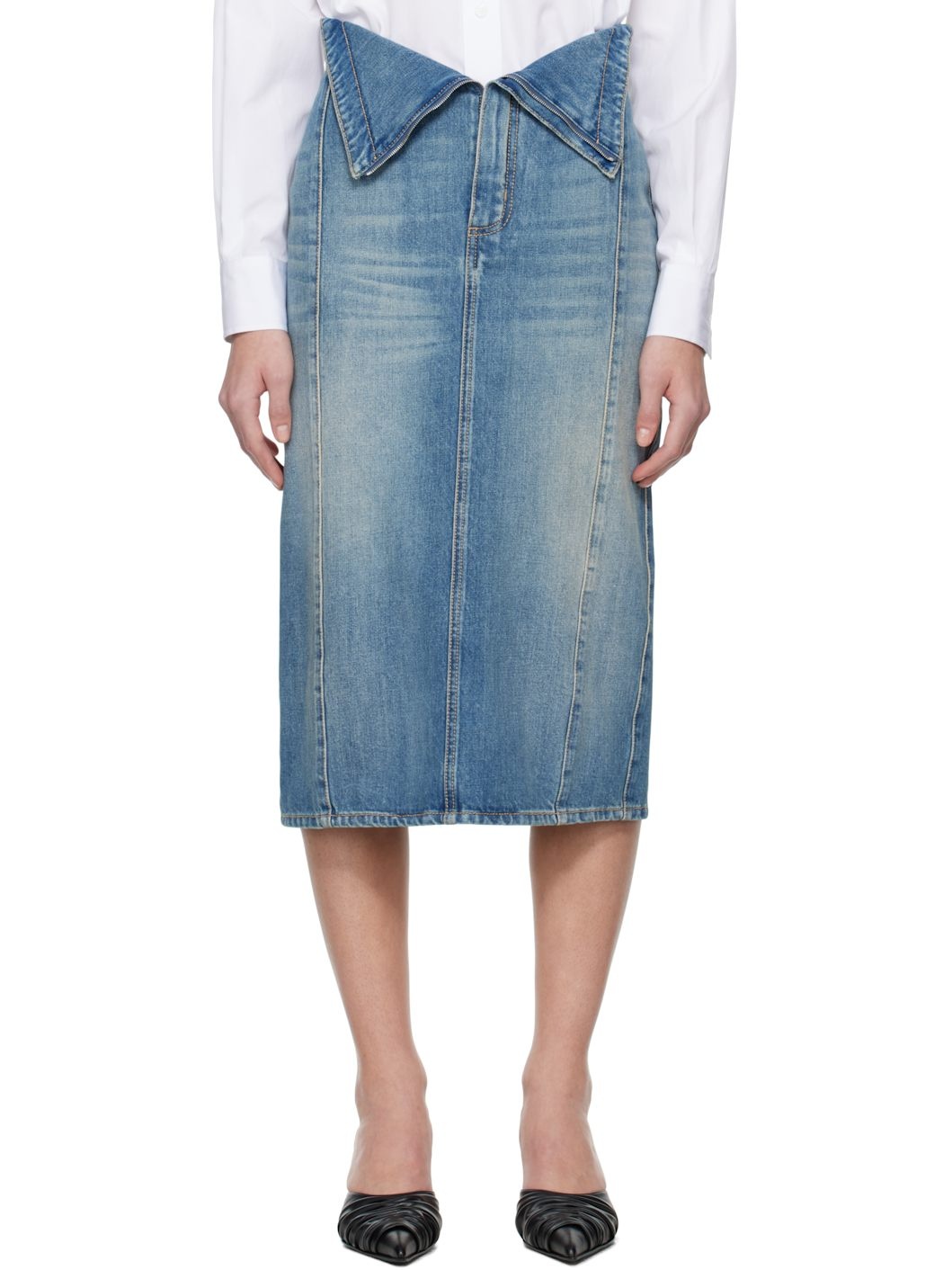 Blue Fold Over Waist Denim Midi Skirt - 1