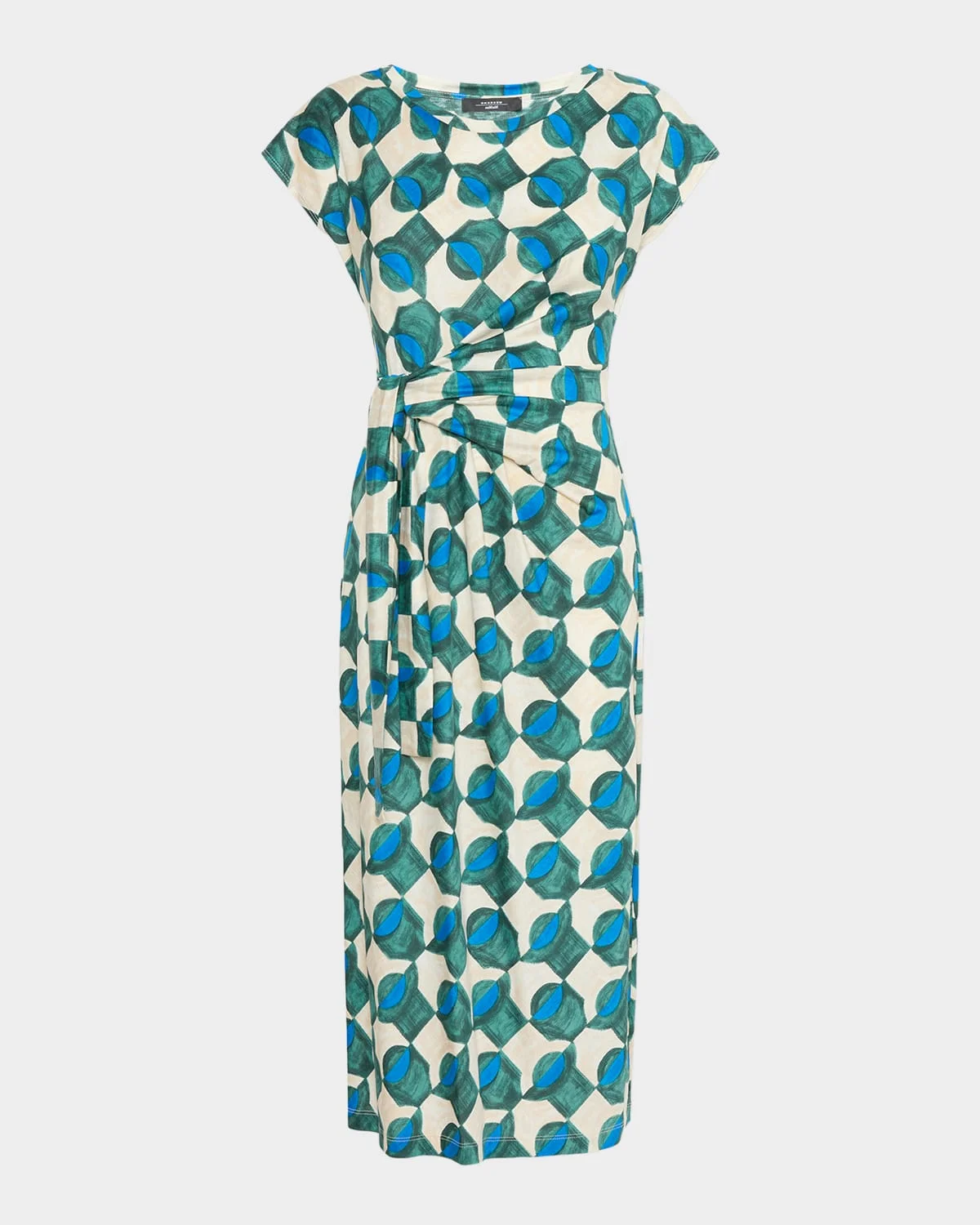 Geo-Print Gathered Cap-Sleeve Midi Dress - 1
