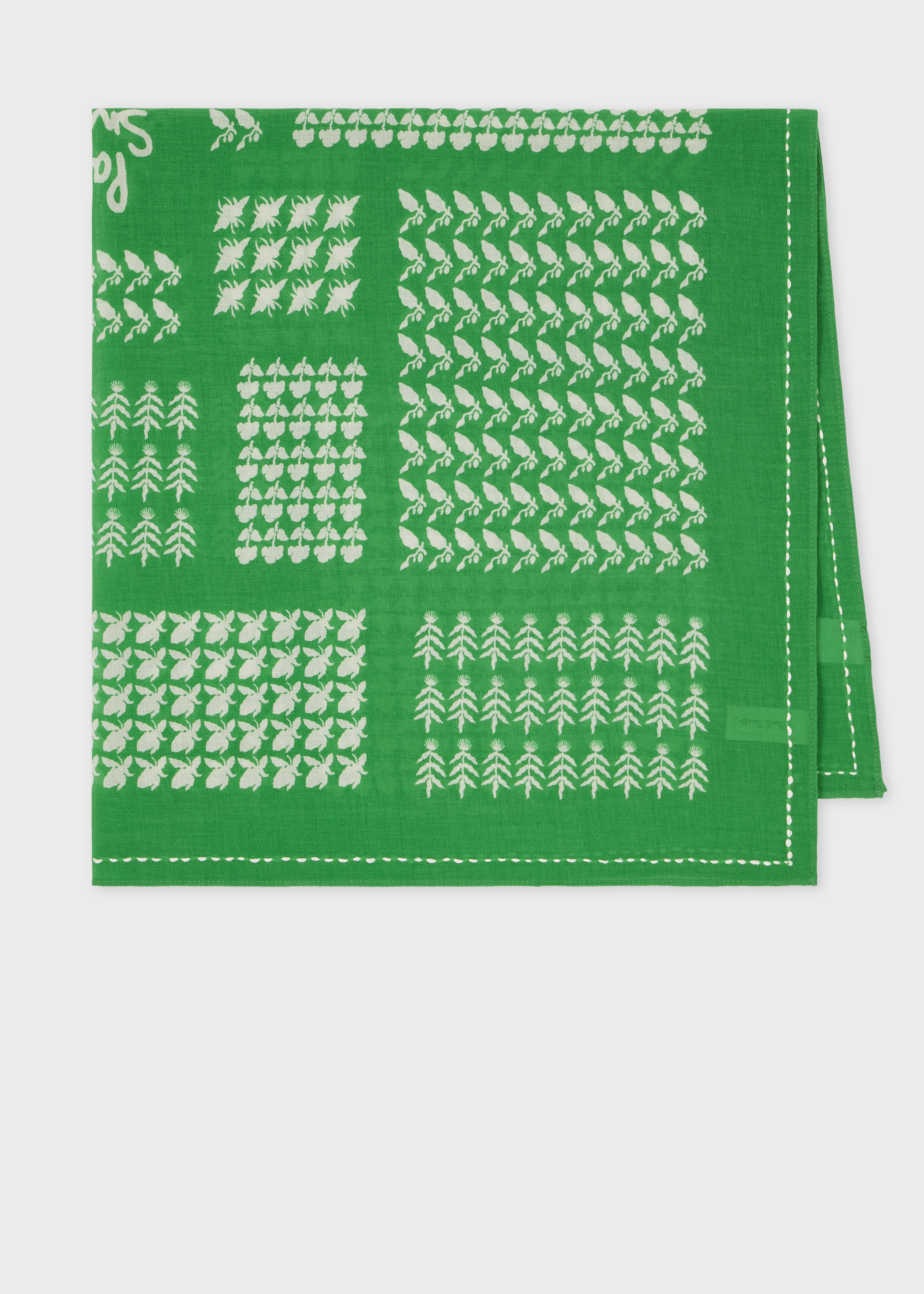 Green Contrast Motif 'Bandana' Cotton Scarf - 1