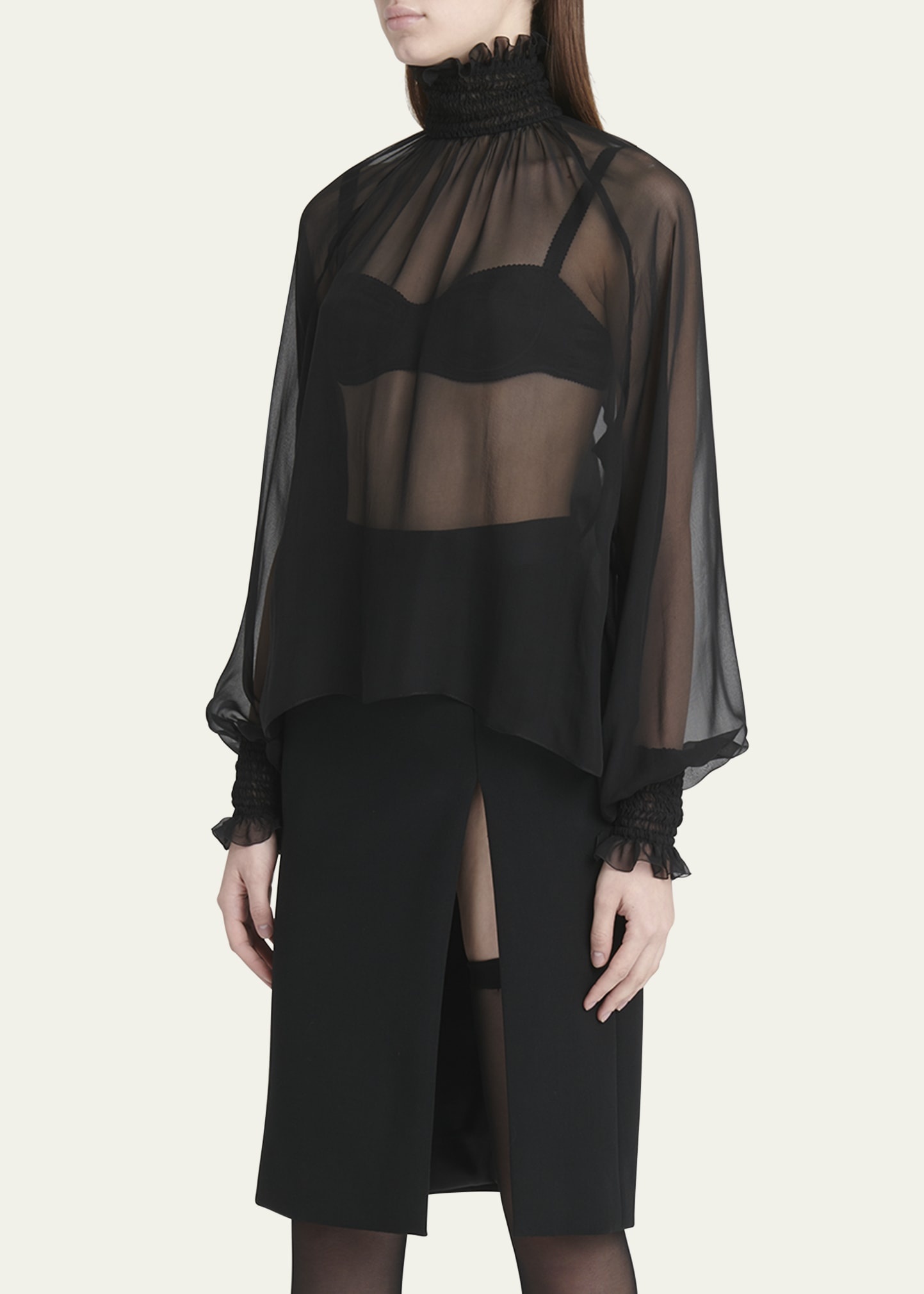 Sheer Chiffon Smocked Blouse - 4