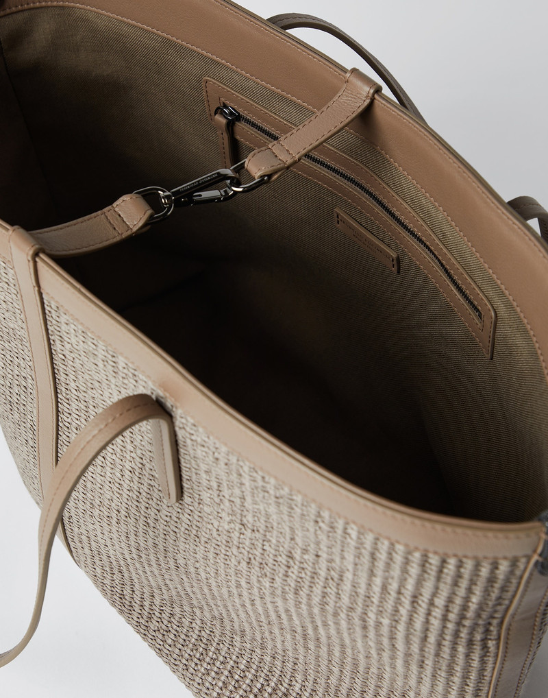 Techno raffia and calfskin shopper bag with monili 5