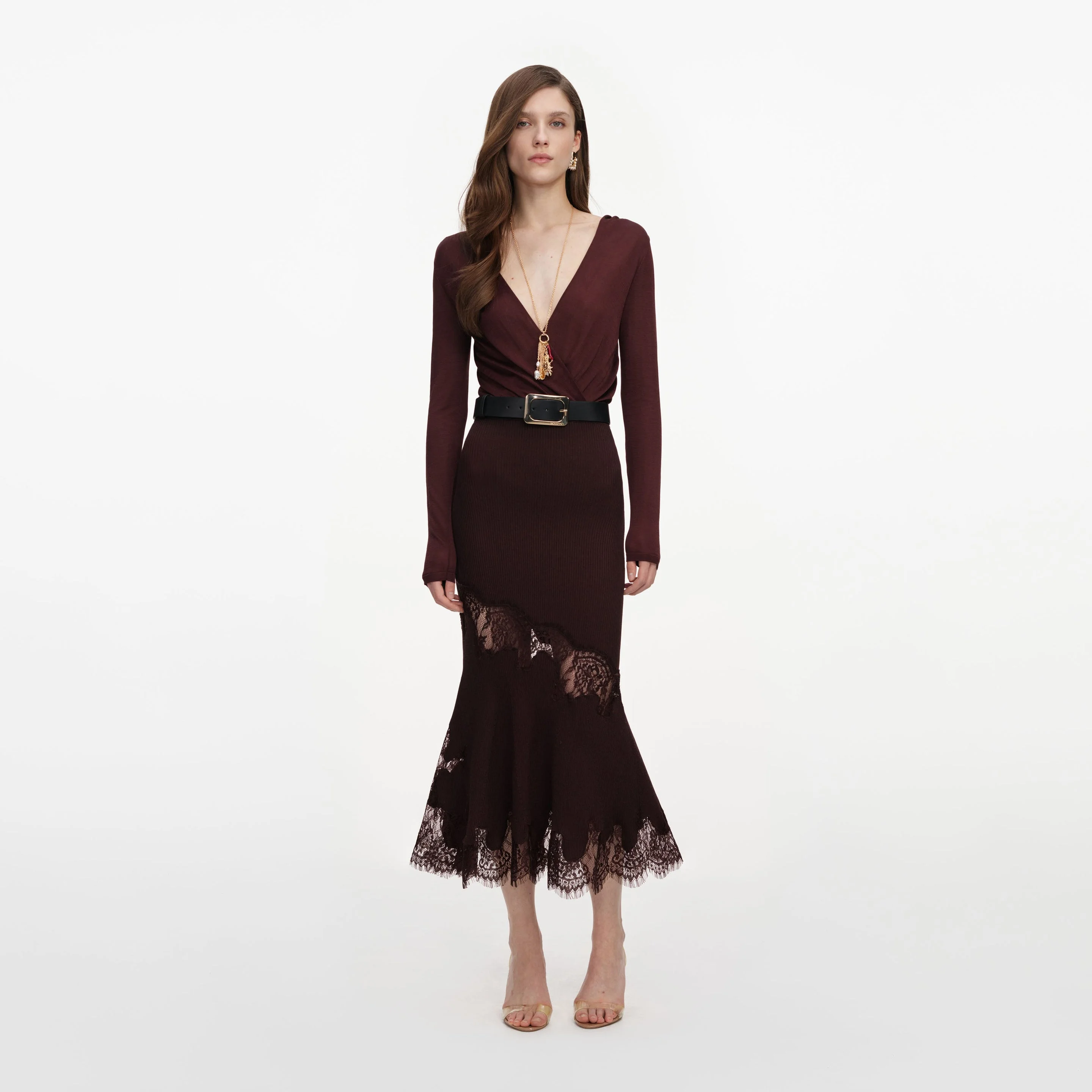 Brown Ribbed Knit Midi Skirt - 1