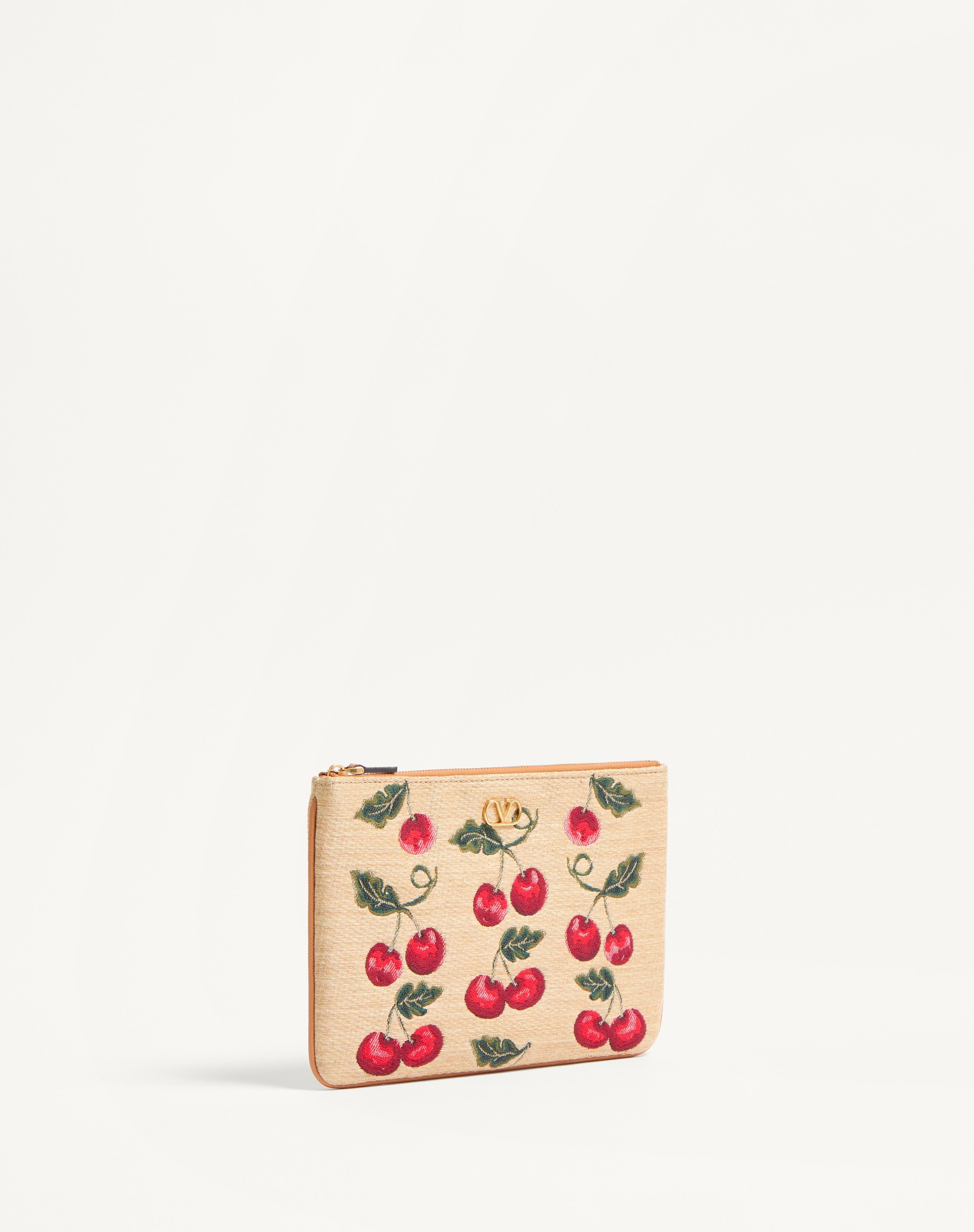 VLOGO SIGNATURE POUCH IN JACQUARD RAFFIA WITH CHERRYFIC PATTERN - 3