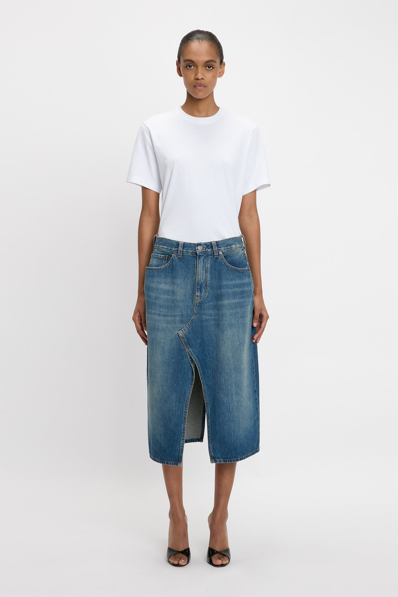 Victoria Beckham Kick Pocket Denim Skirt In Mid Blue outlook