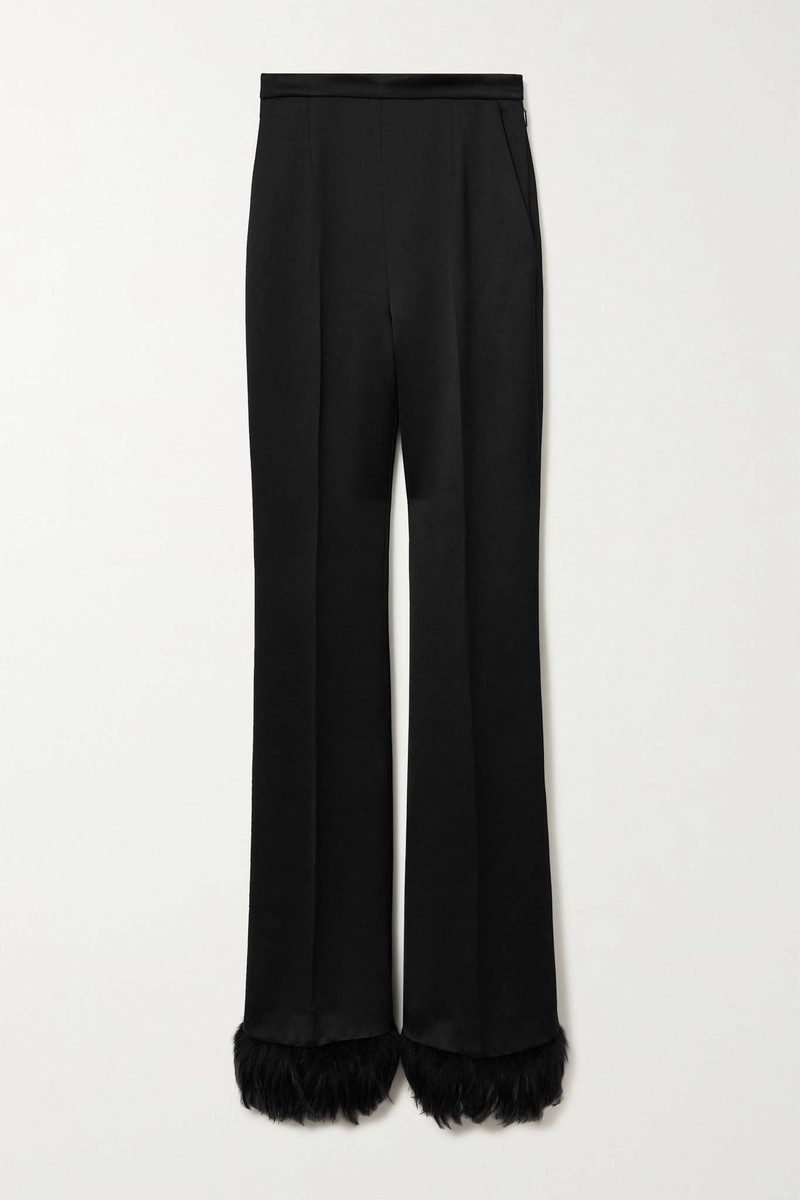 Feather-trimmed satin-crepe straight-leg pants - 1