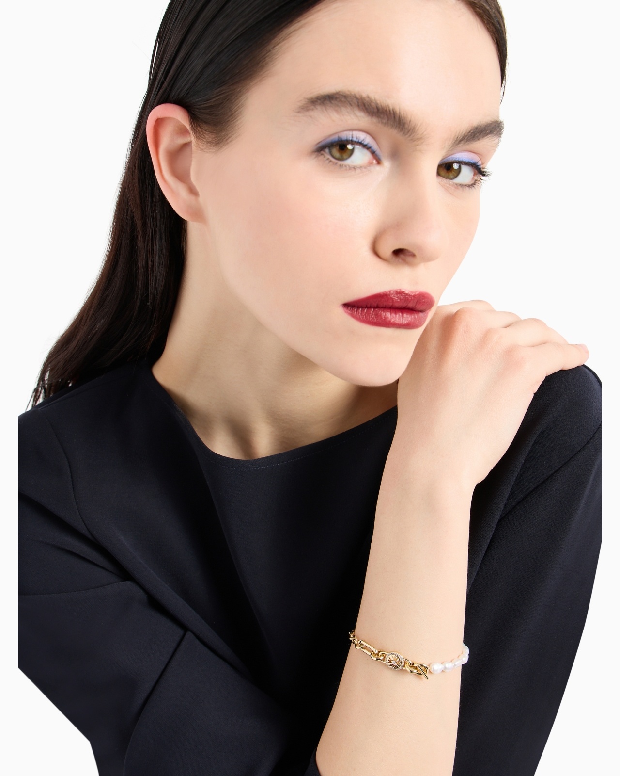 GOLD-TONE BRASS AND WHITE FRESH WATER PEARLS STATION BRACELET - 4