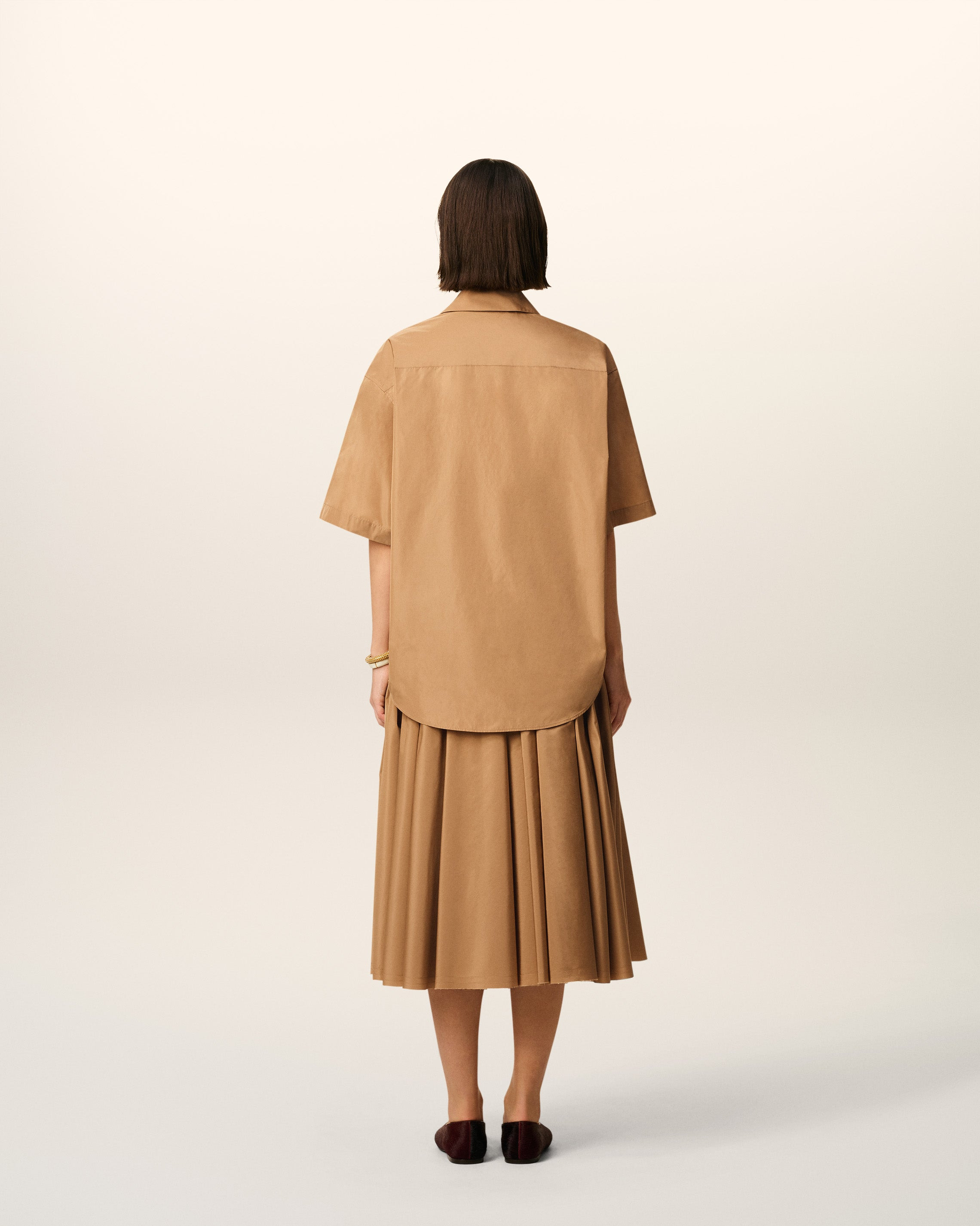 BROWN TAFFETASS SHORT SLEEVED BOXY SHIRT - 5