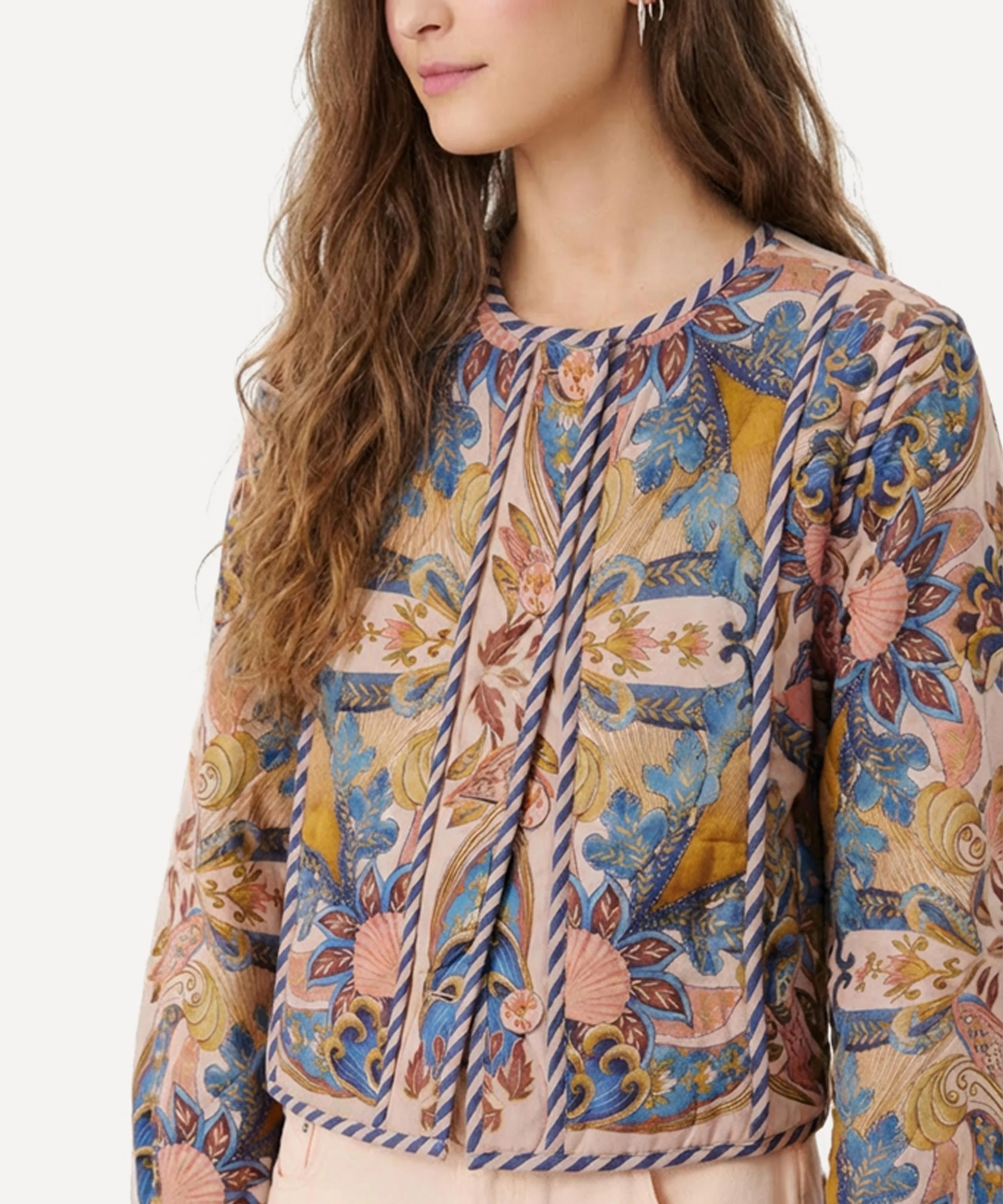 Soft Pink Sea Garden Scarf Buttoned Jacket - 1