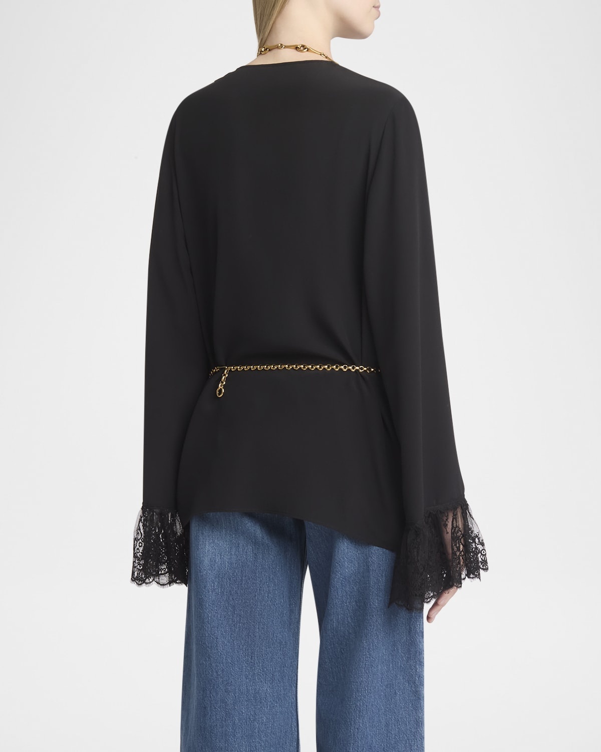 Button Down Crepe De Chine Top with Lace Sleeves - 6