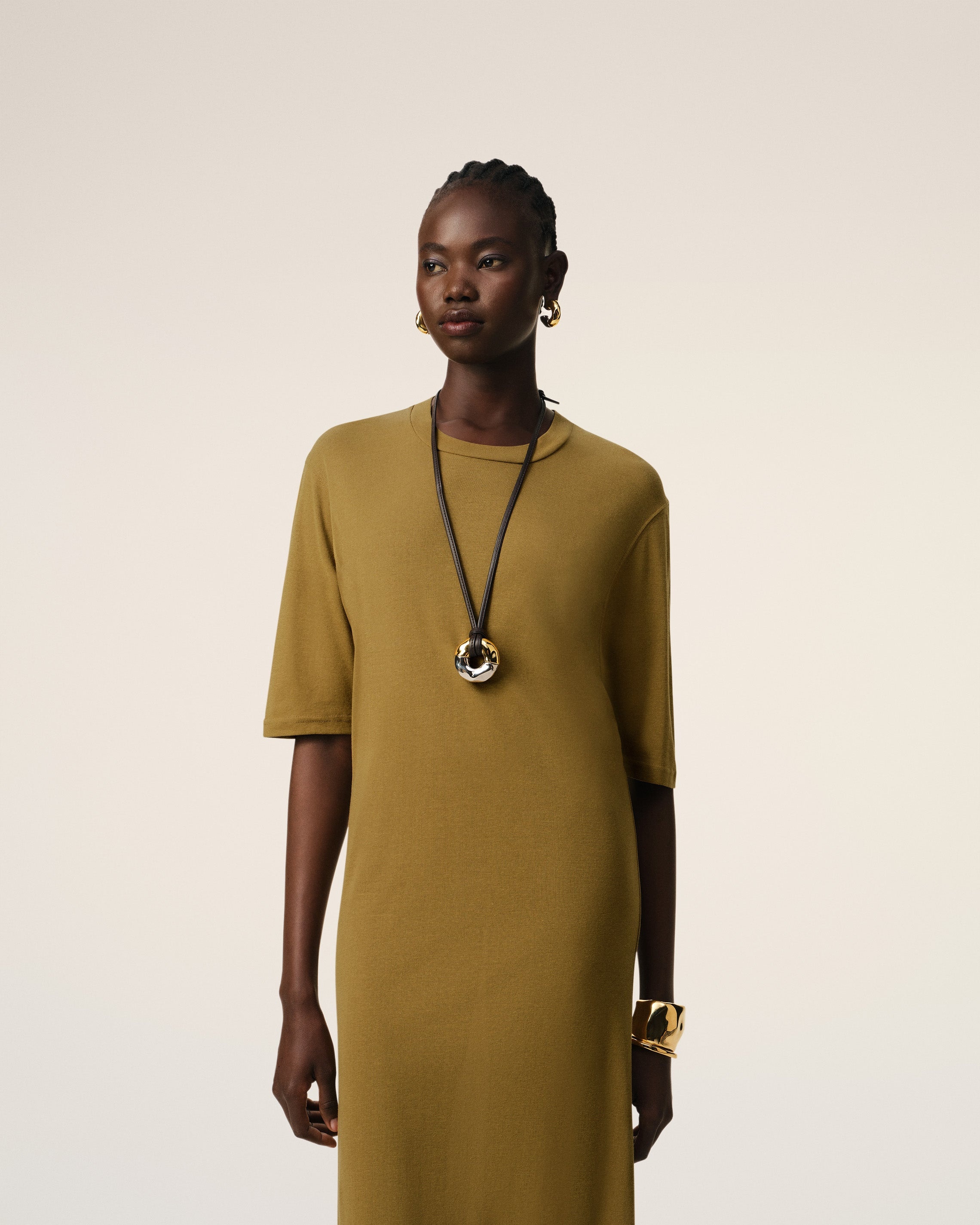 MUSTARD COTTON SHORT SLEEVE MIDI DRESS - 3