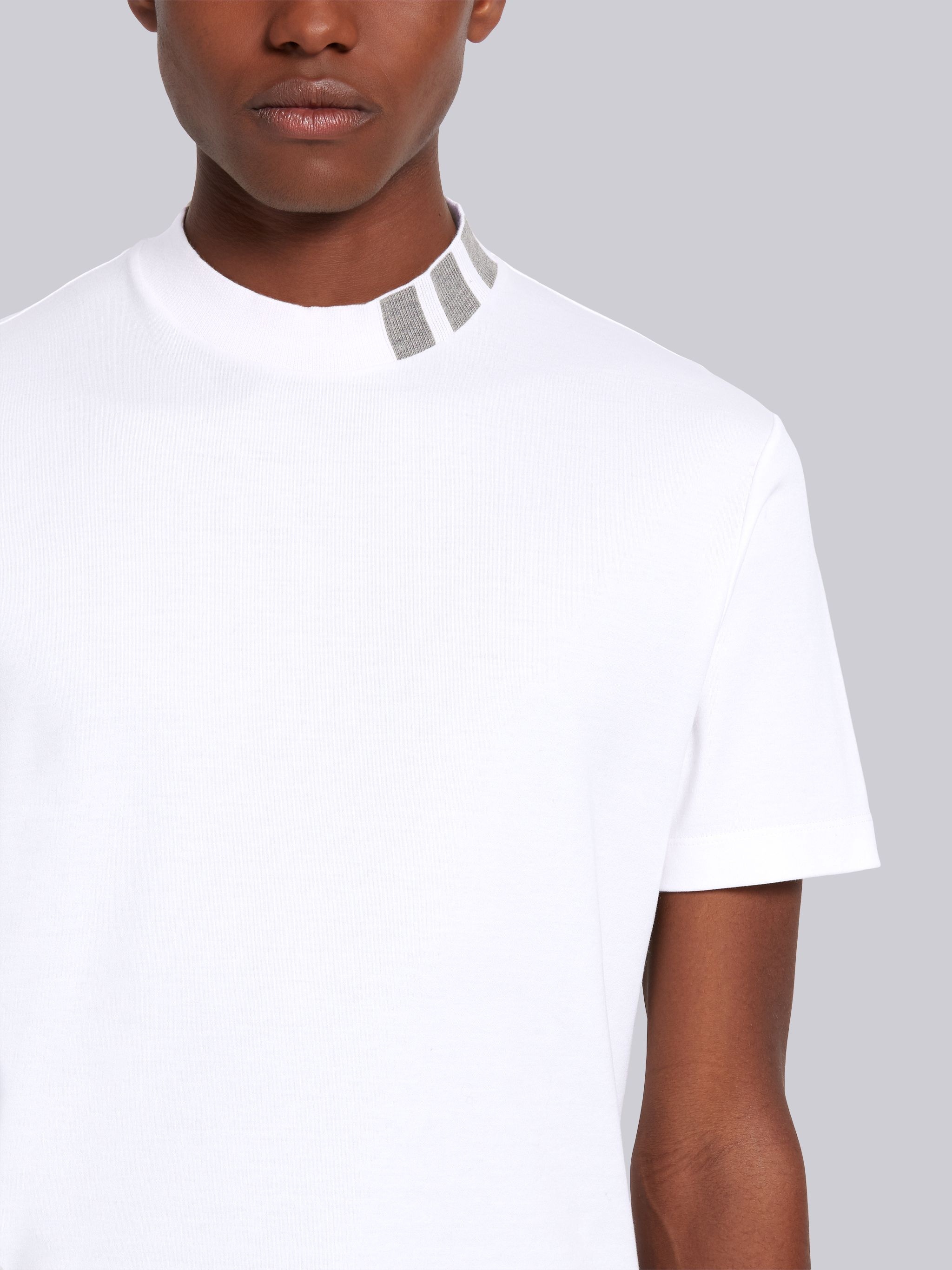 White Cotton Interlock Mock Neck Short Sleeve 4-Bar Intarsia Tee - 5