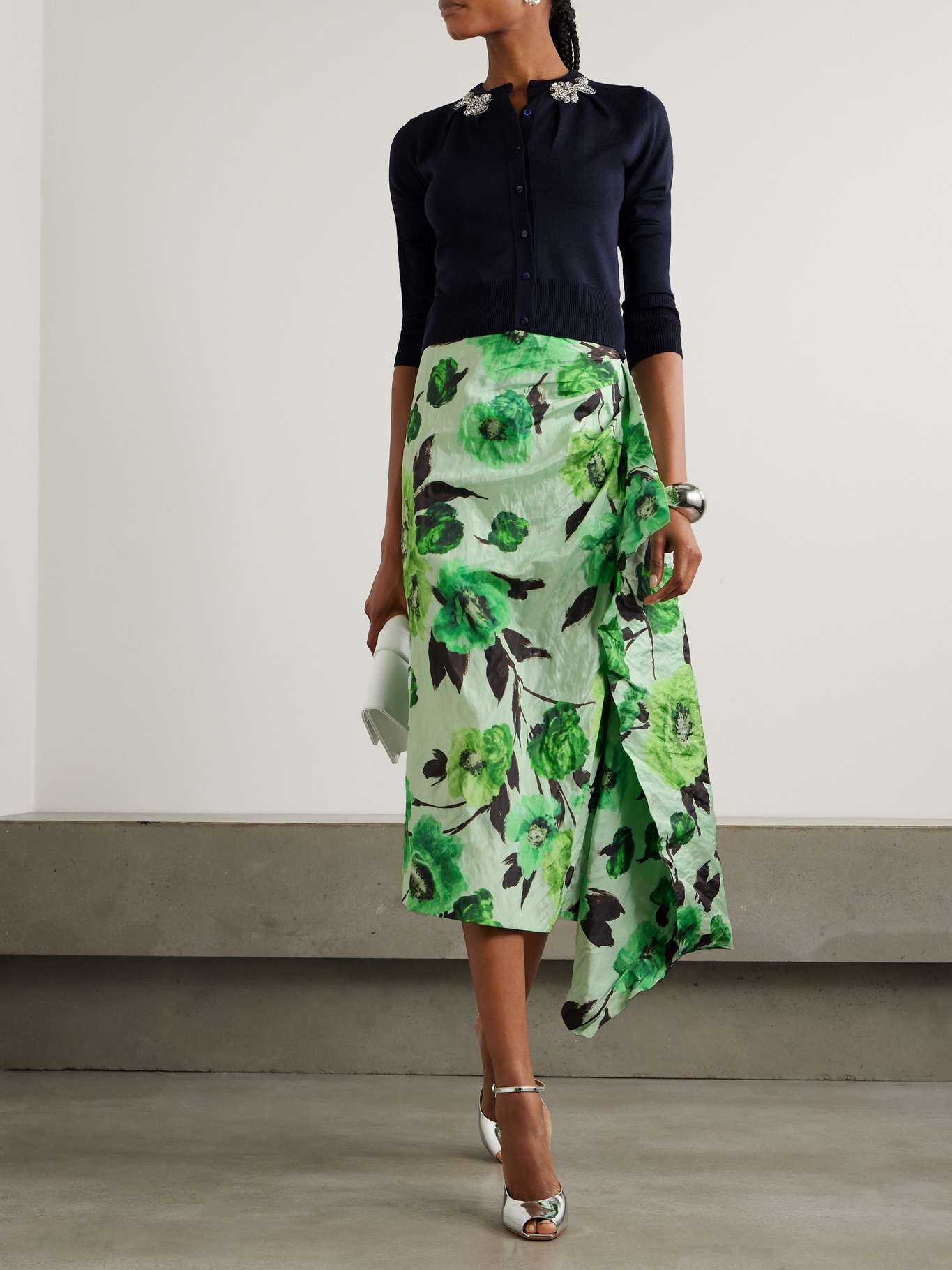 Asymmetric draped floral-print crinkled-taffeta midi skirt - 2