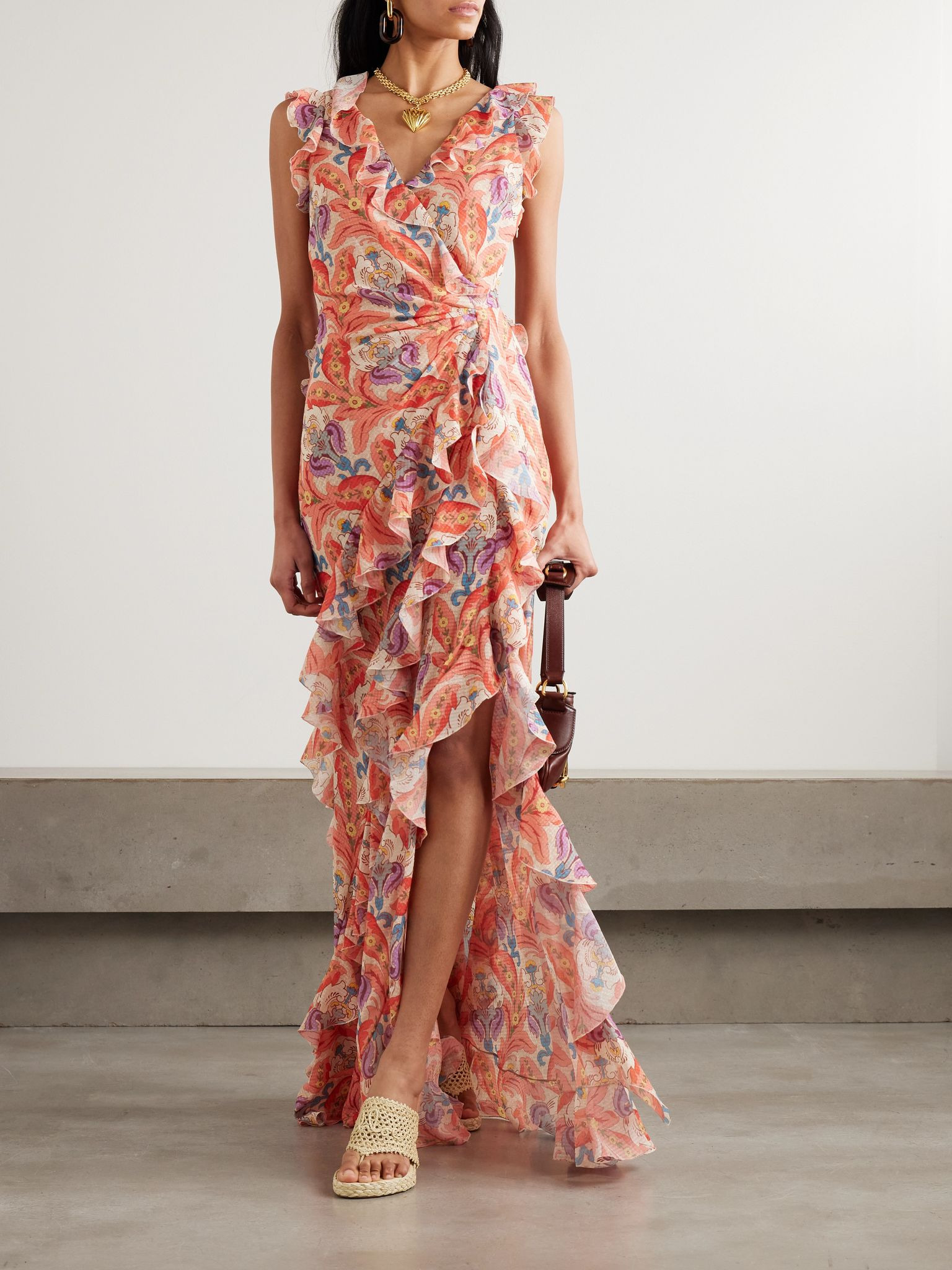 Open-back ruffled printed crepe de chine maxi dress Red - 2