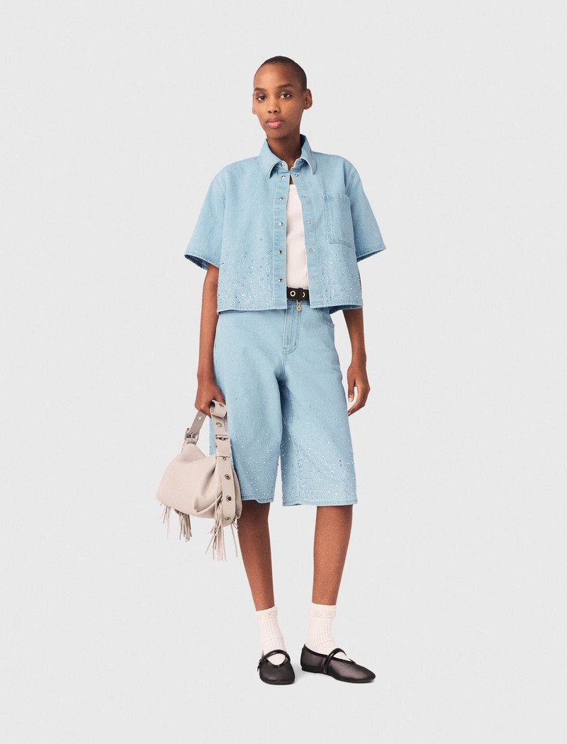 maje Cropped rhinestone denim shirt outlook