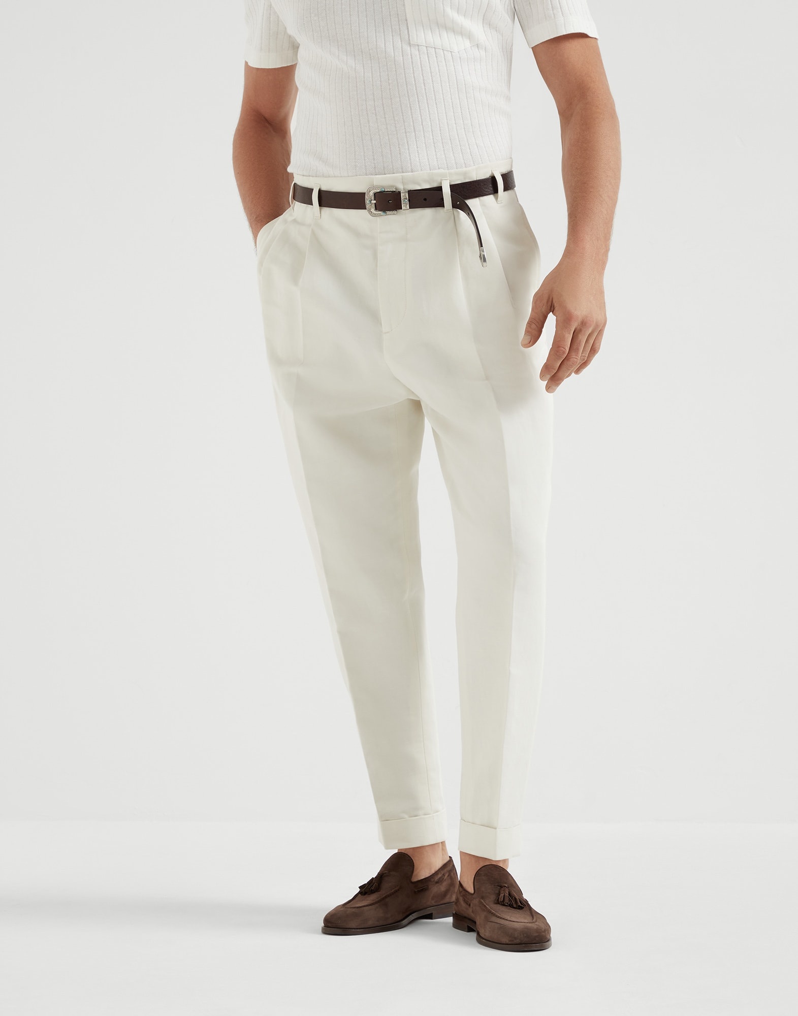 Cotton and linen gabardine tailor fit trousers with double pleats - 1