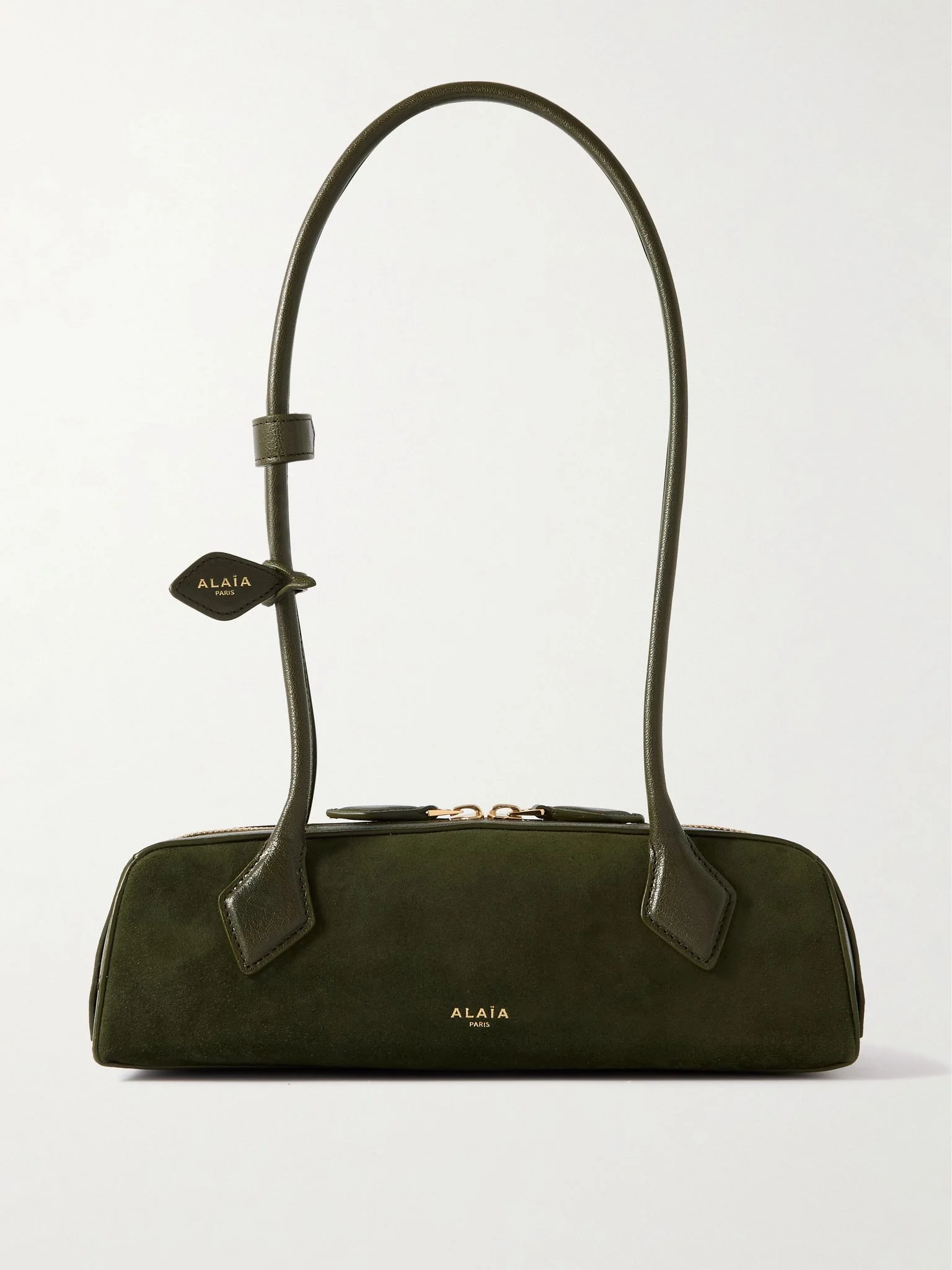 Le Teckel small leather-trimmed suede shoulder bag Green - 1