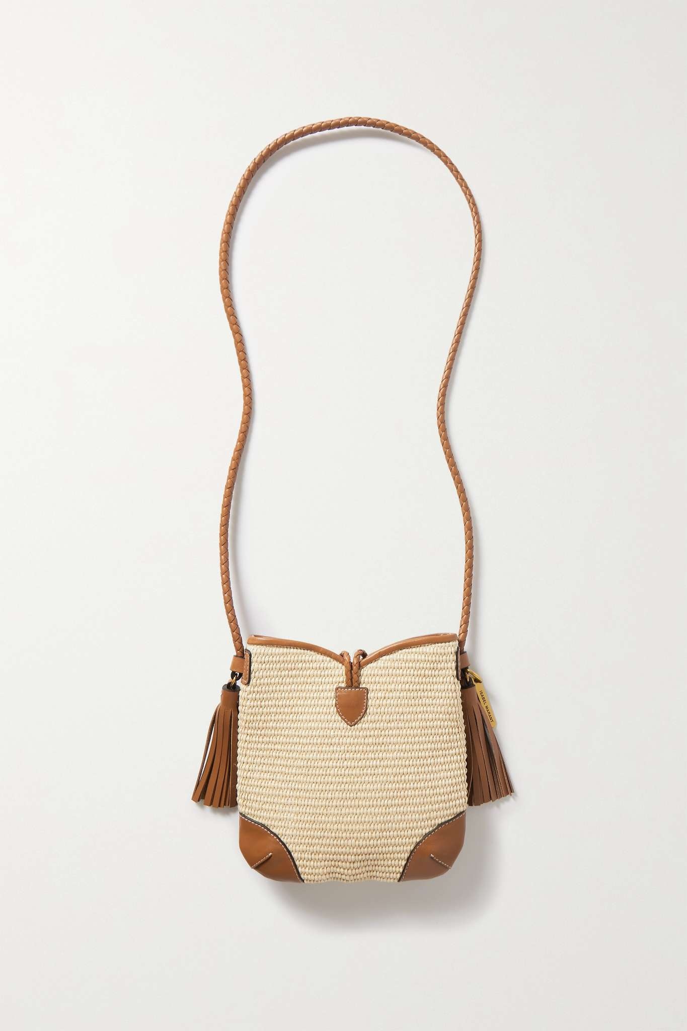 Taggy mini tasseled leather-trimmed woven raffia shoulder bag - 3