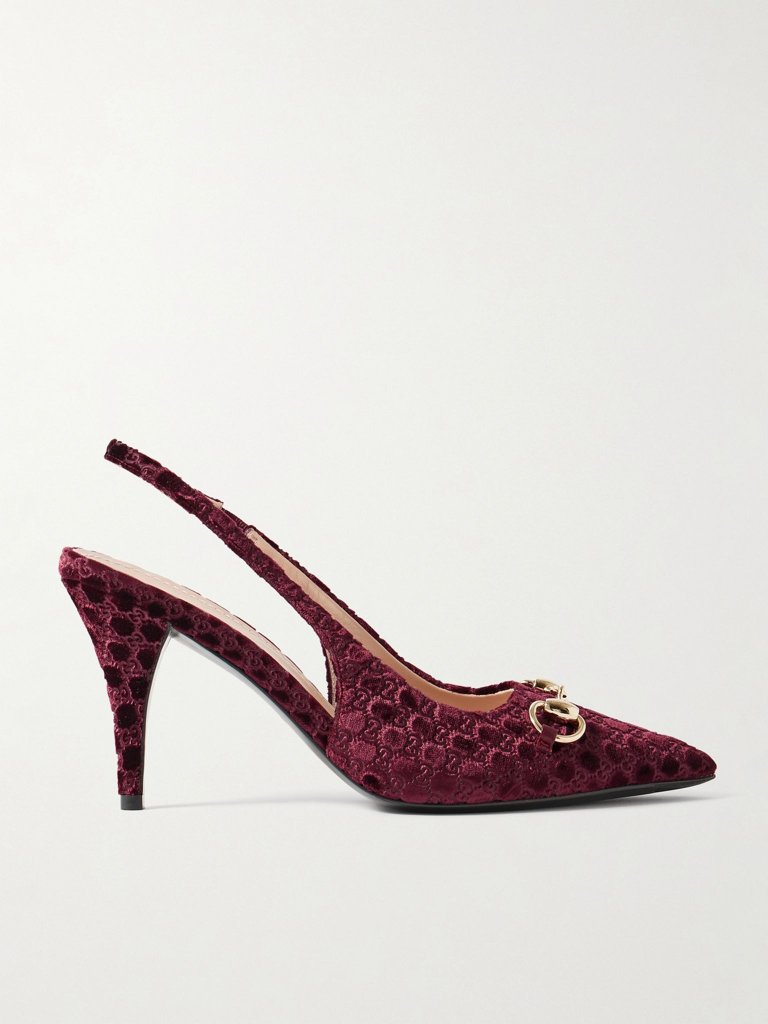 Erin horsebit-embellished devoré-velvet slingback pumps Burgundy - 1