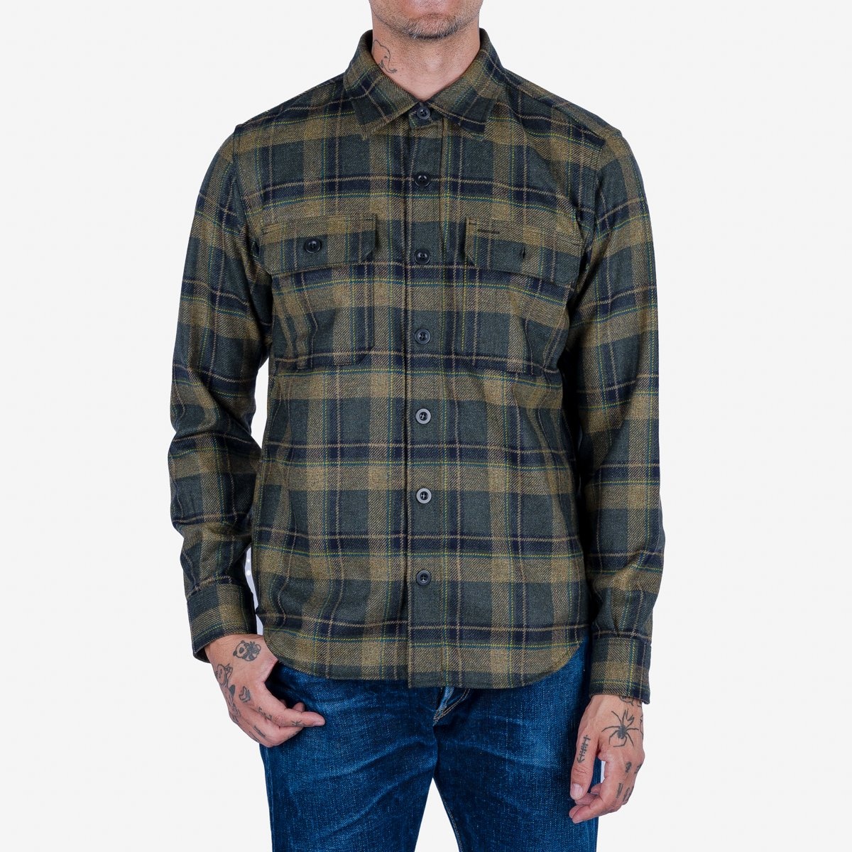 IHDR-434-HHG 14oz Fox Brothers®  Check Flannel CPO Shirt - Rustic Yellow, Hickory & Hunter Green - 2