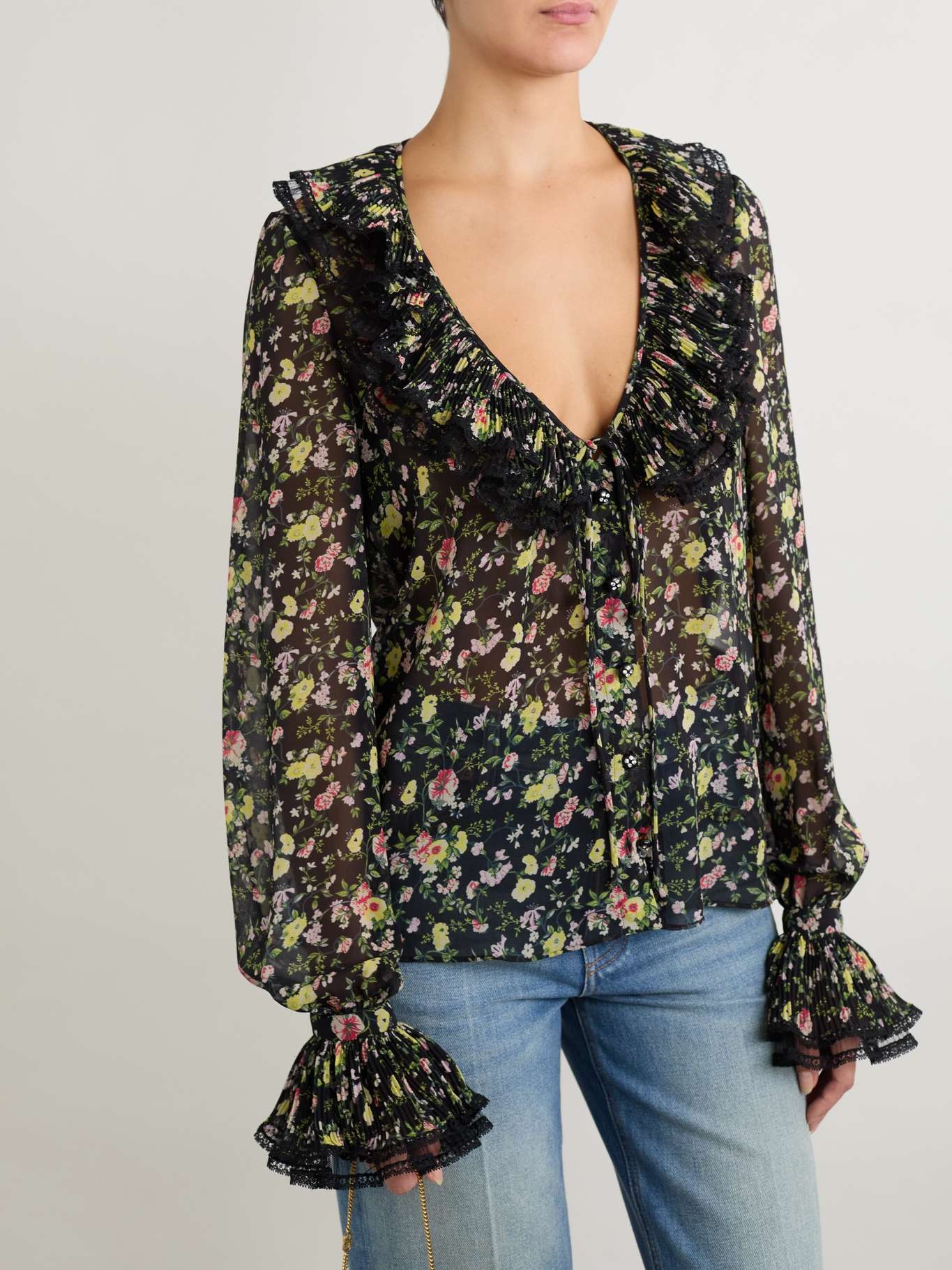 Ruffled printed silk-chiffon blouse Black - 3