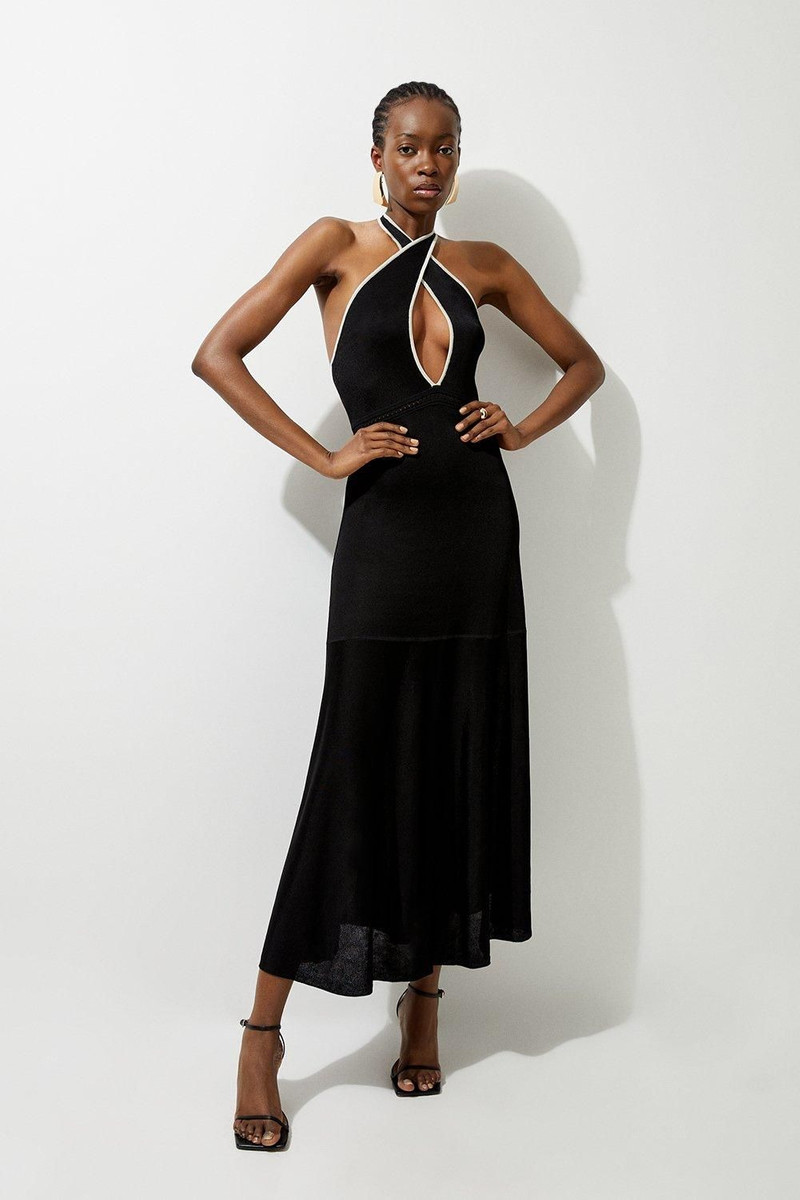 Slinky Knit Contrast Piping Halter Neck Maxi Dress 1