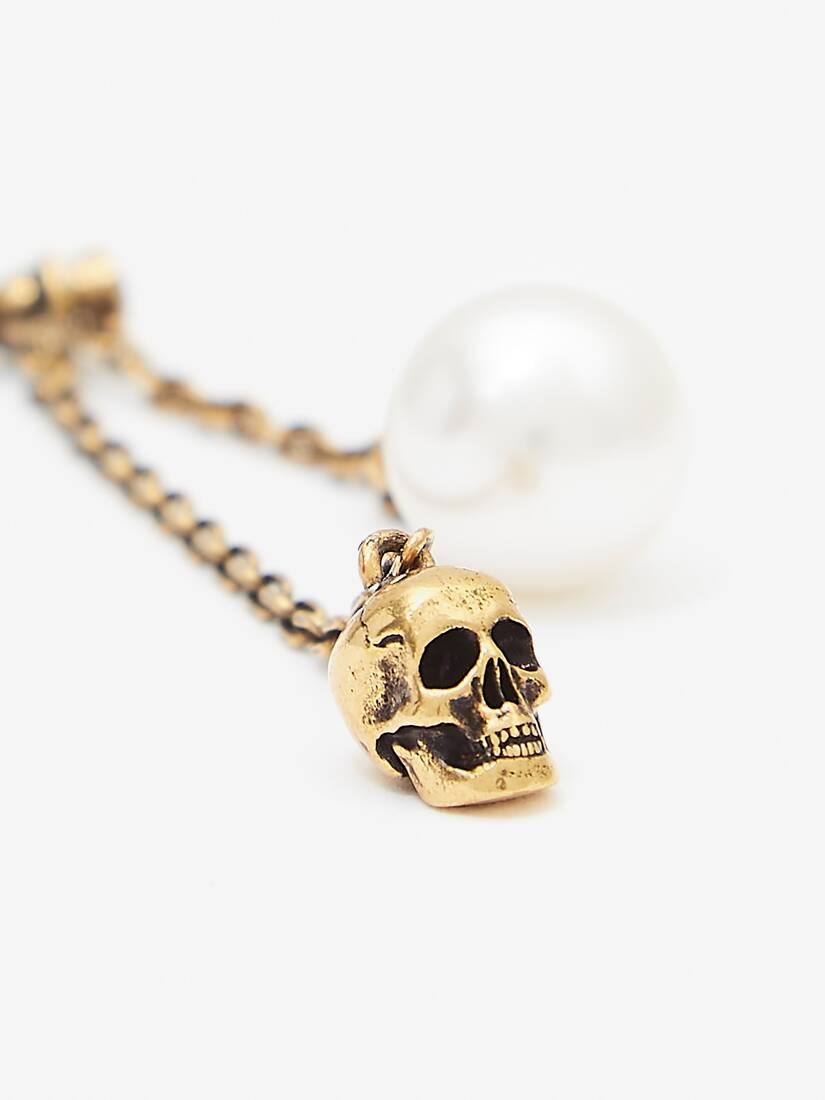 Pearl-like Skull Chain Drop Earring in Antique Gold - 3