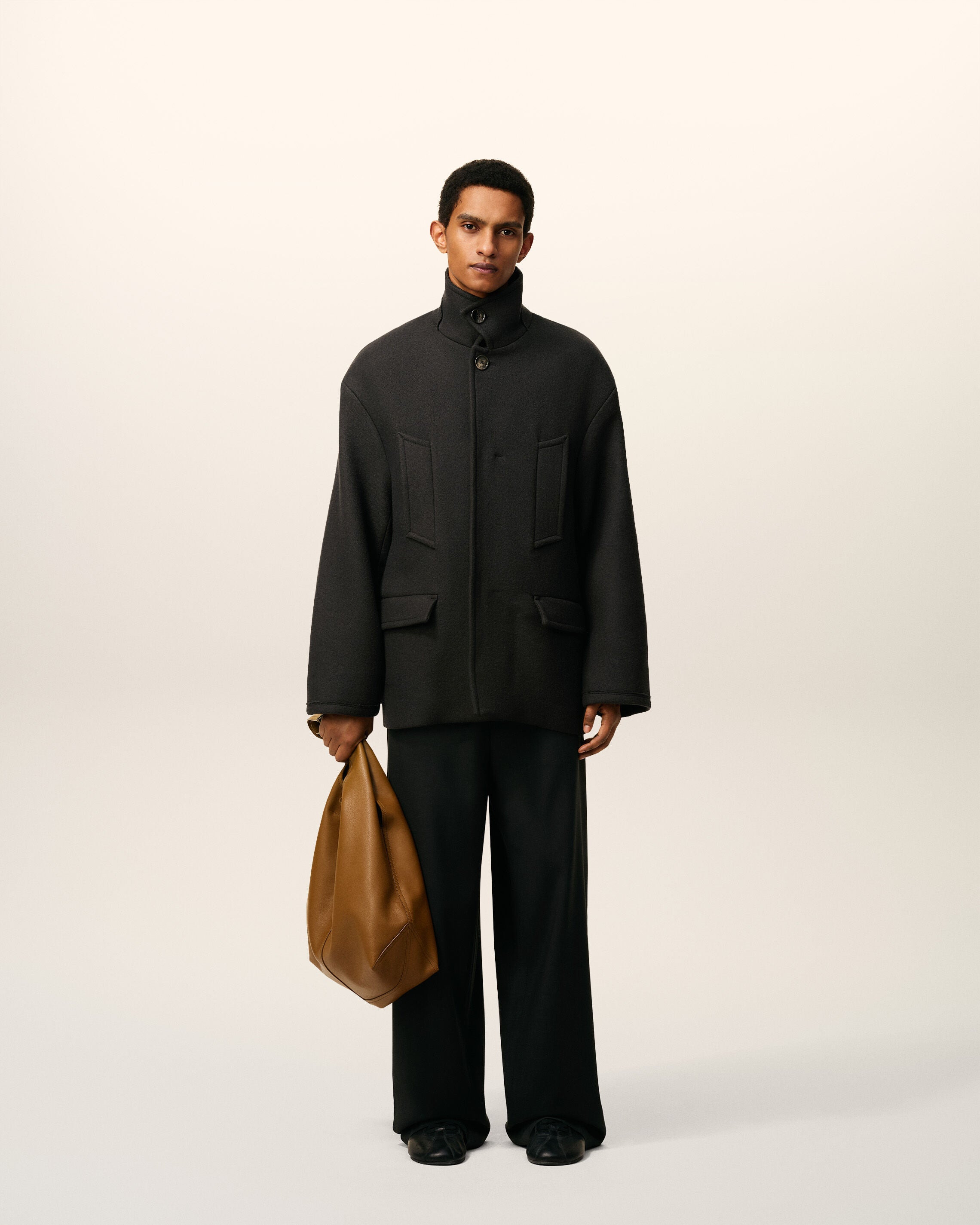 BLACK WOOL OVERSIZED HIGH COLLAR PEA COAT - 2