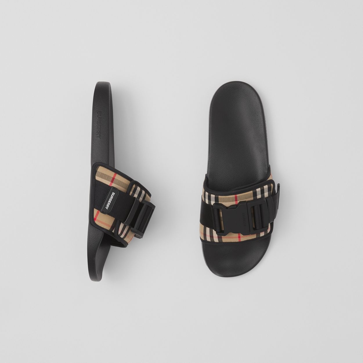 Buckled Strap Vintage Check Cotton Slides - 2