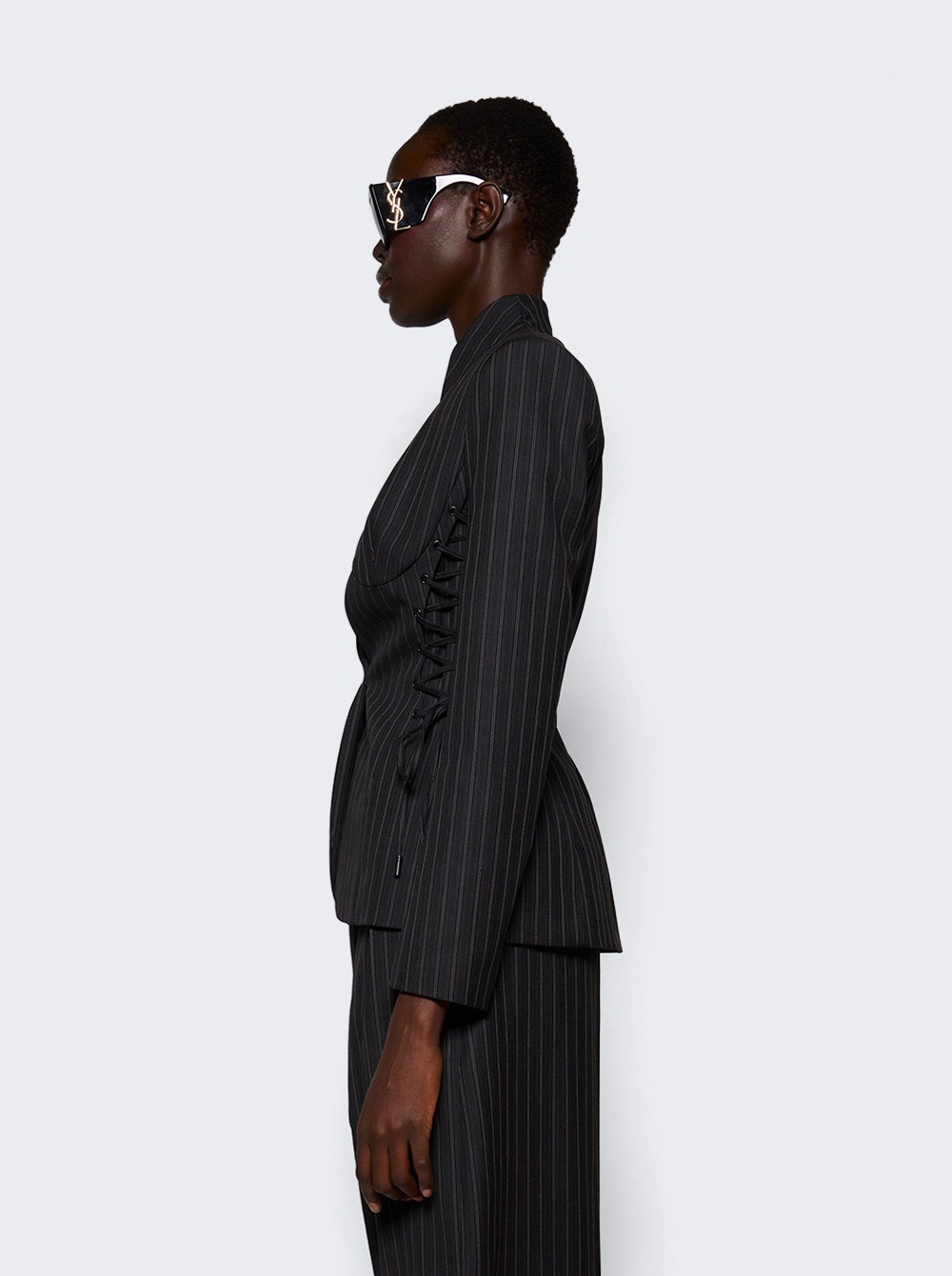Pinstripe Scultural Laced Jacket Black On Grey - 4