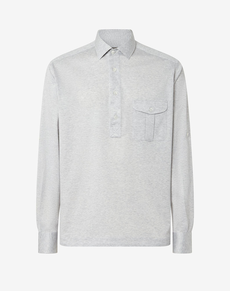 Melange grey cotton and silk jersey shirt with micro pique 1