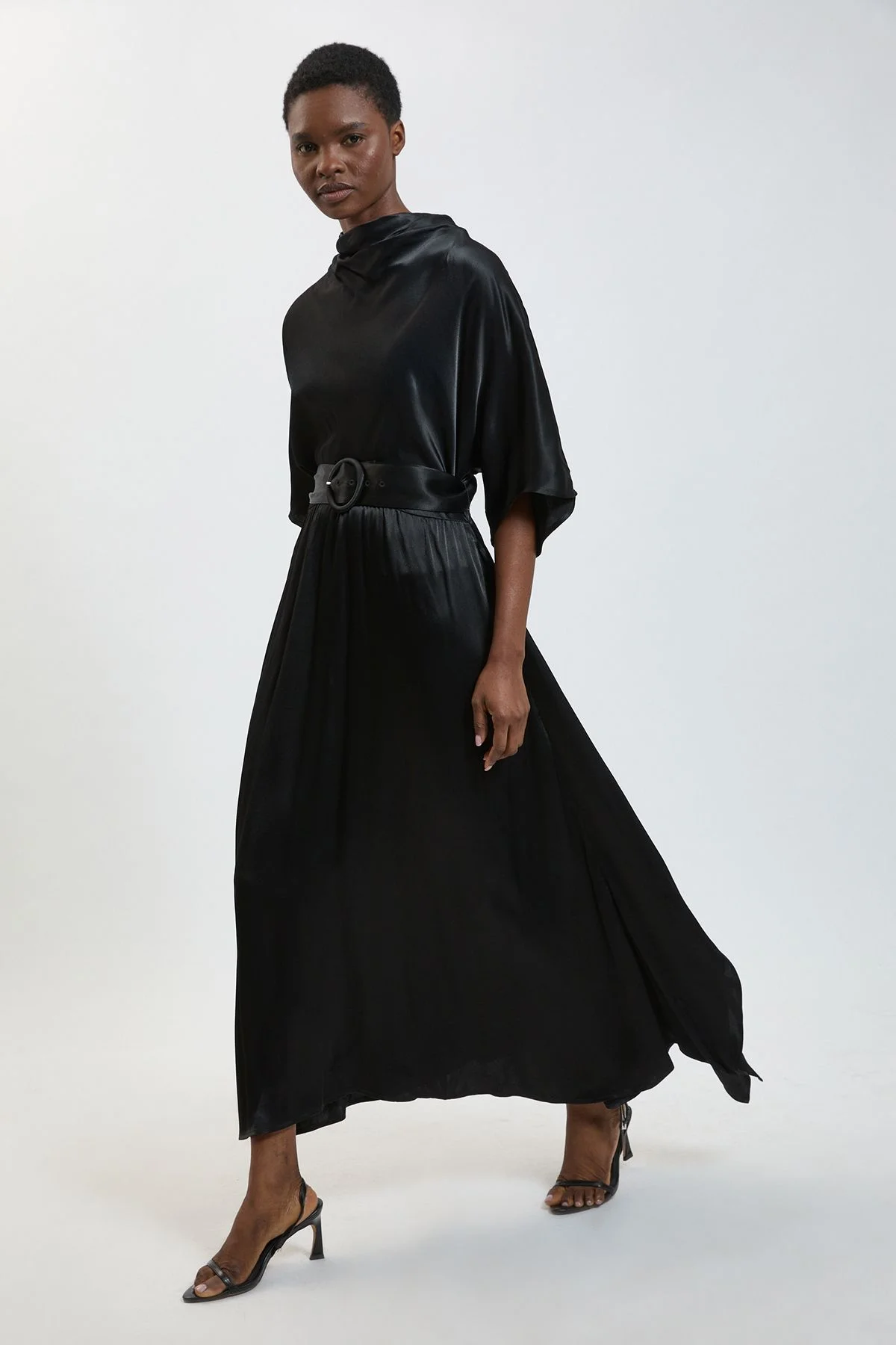 Viscose Satin Asymmetric Ruffle Midi Dress - 1