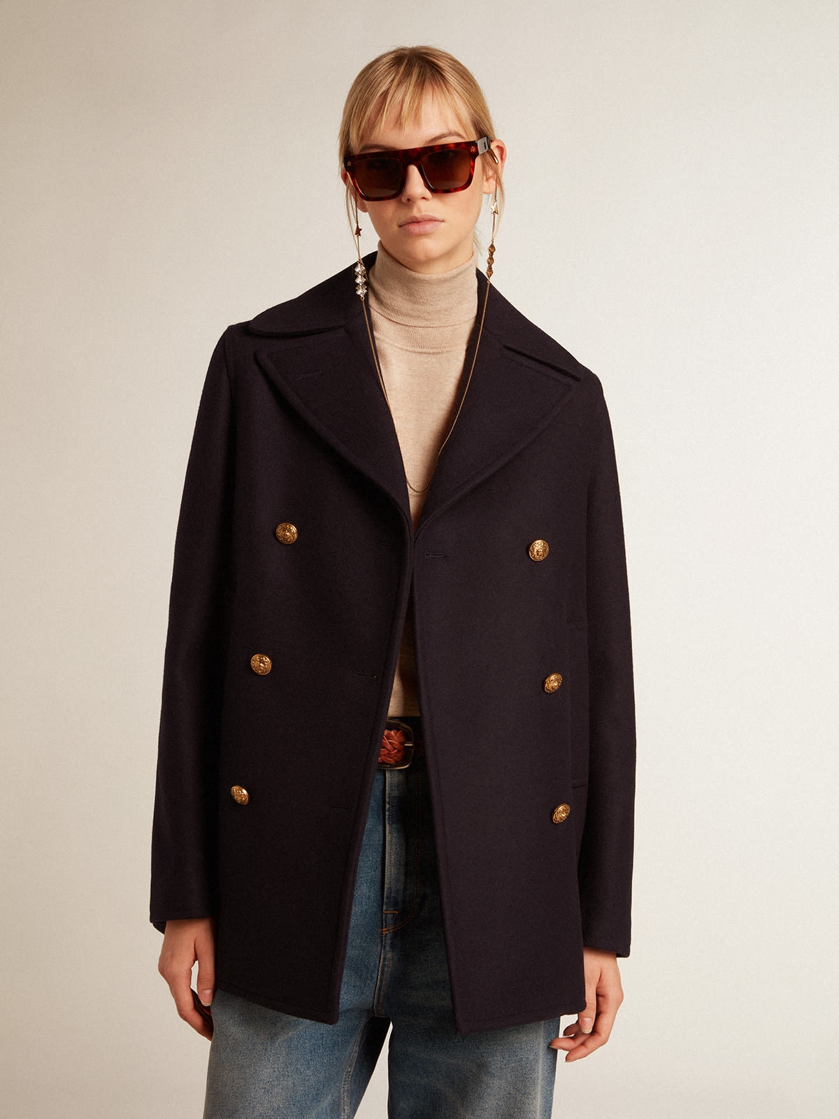 Women’s dark blue peacoat with gold-colored heraldic buttons - 3