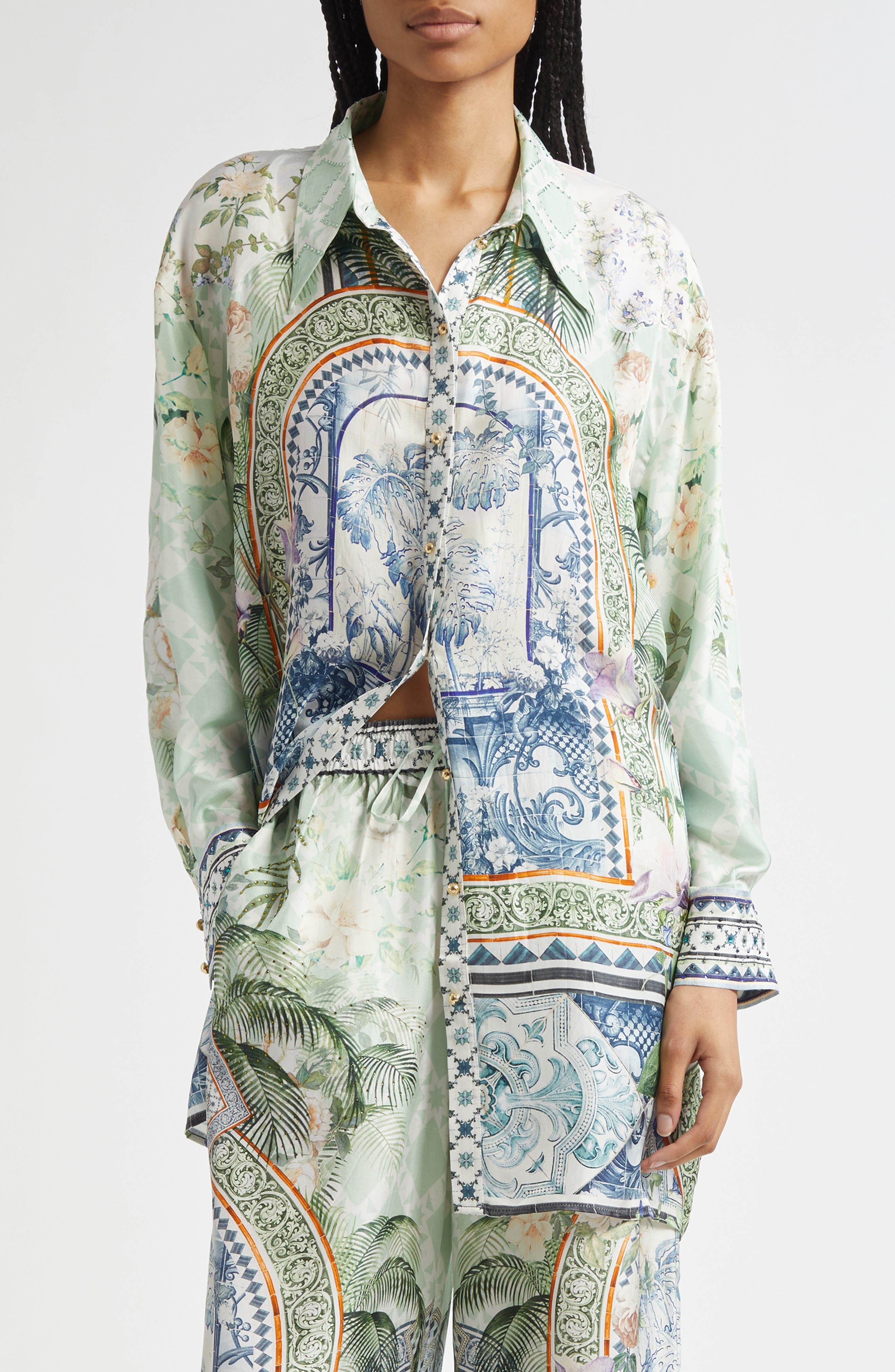 Camilla Long Sleeve Silk Shirtdress in Jardim Party at Nordstrom - 1