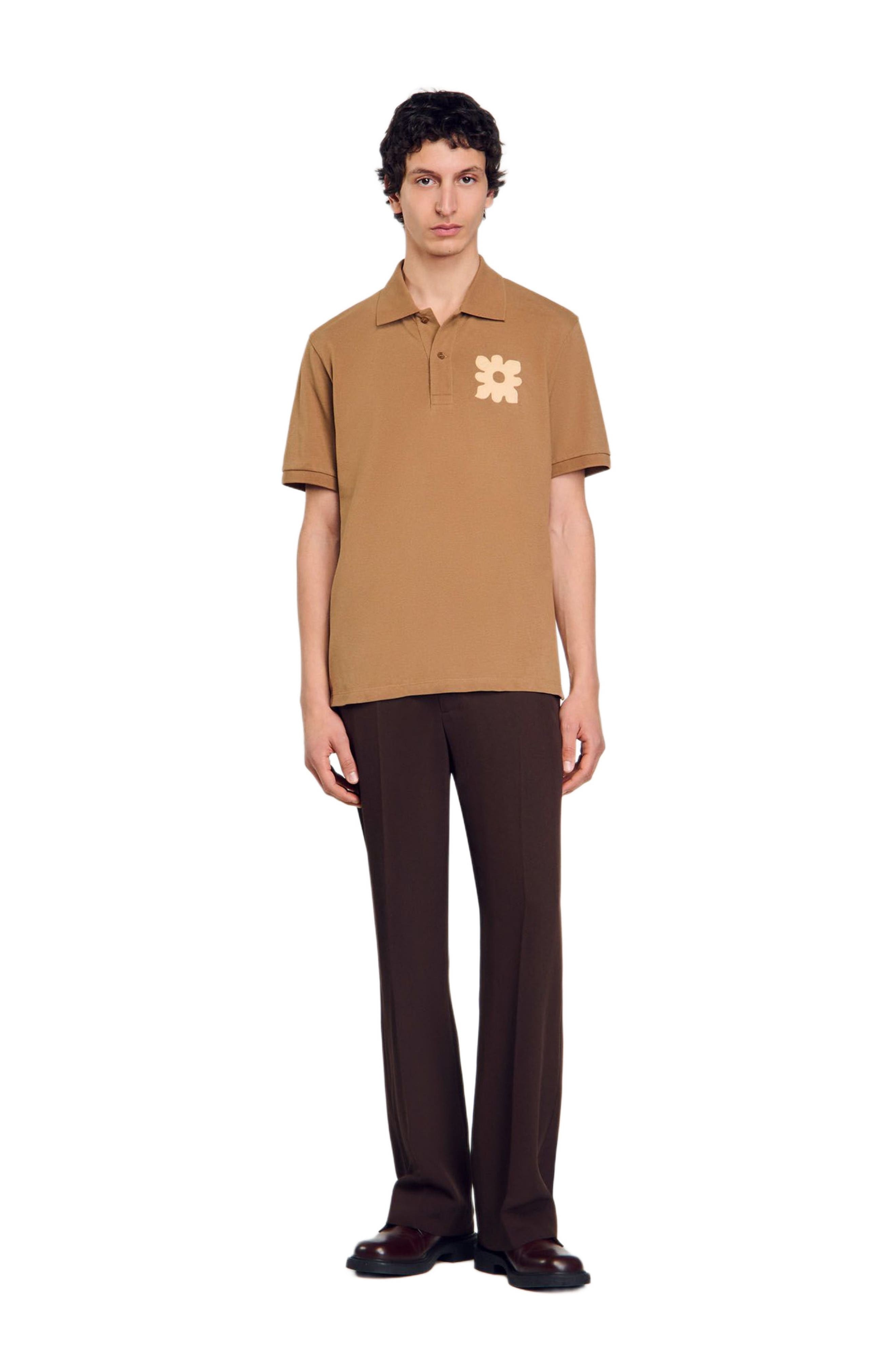 SANDRO Polo shirt with flower patch in Nut at Nordstrom - 1