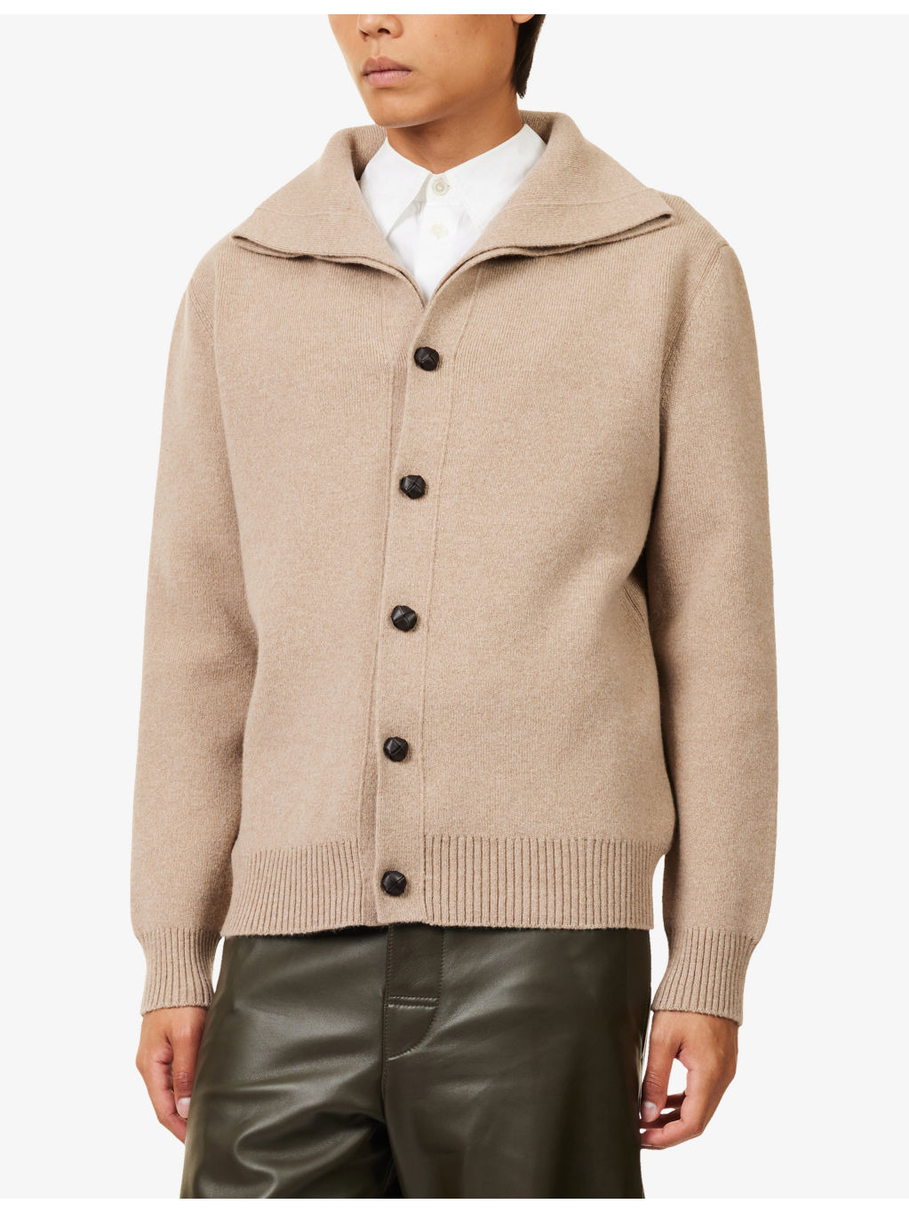 Compact High-Collar Knitted Wool Cardigan - 3